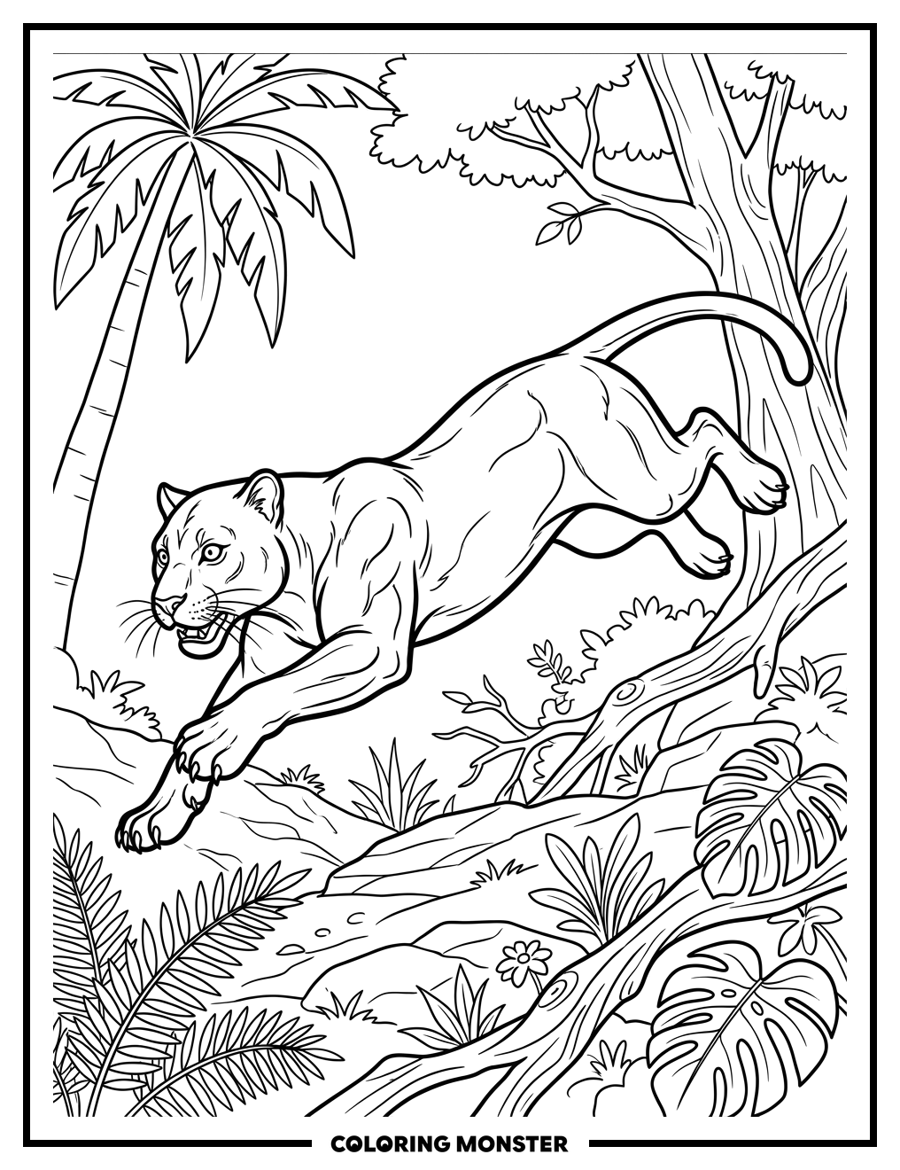 Leaping Black Panther In Jungle Coloring Page
