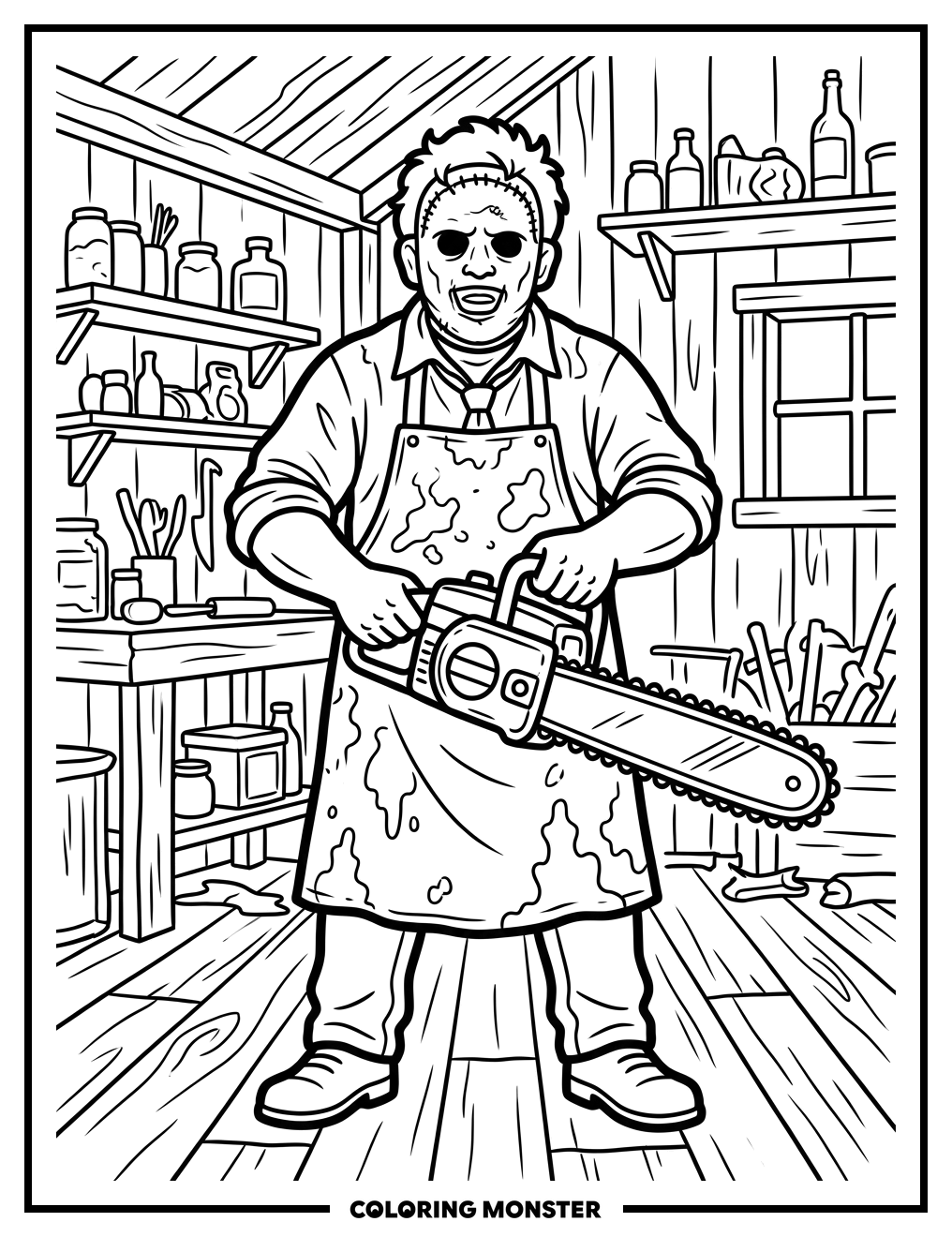 Leatherface in Rustic Cabin Coloring Page
