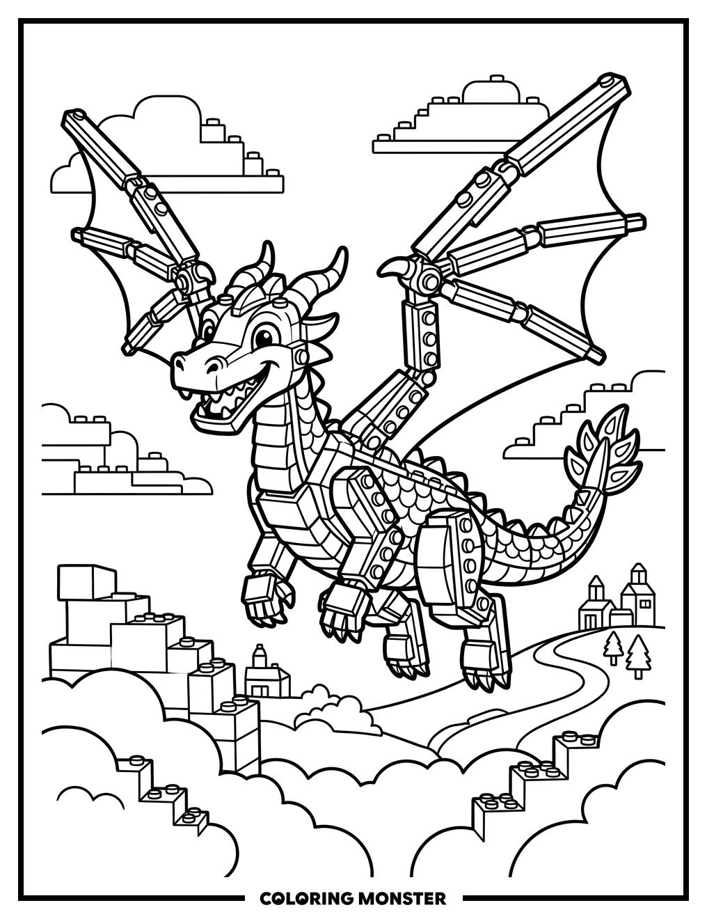 Lego Dragon Soaring Through Sky Coloring Page