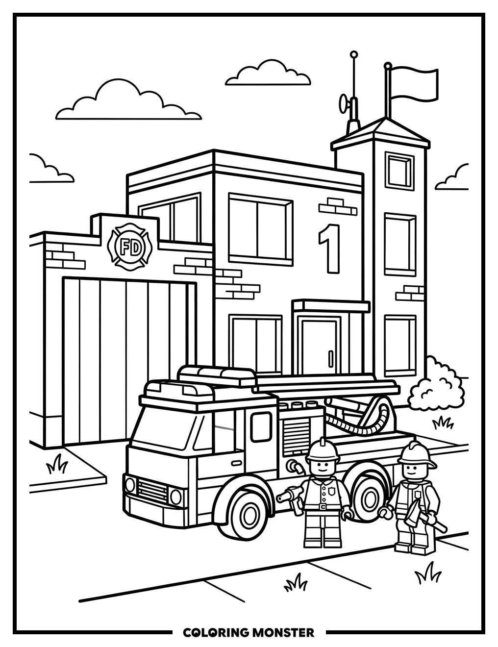 Lego Fire Station Scene Coloring Page