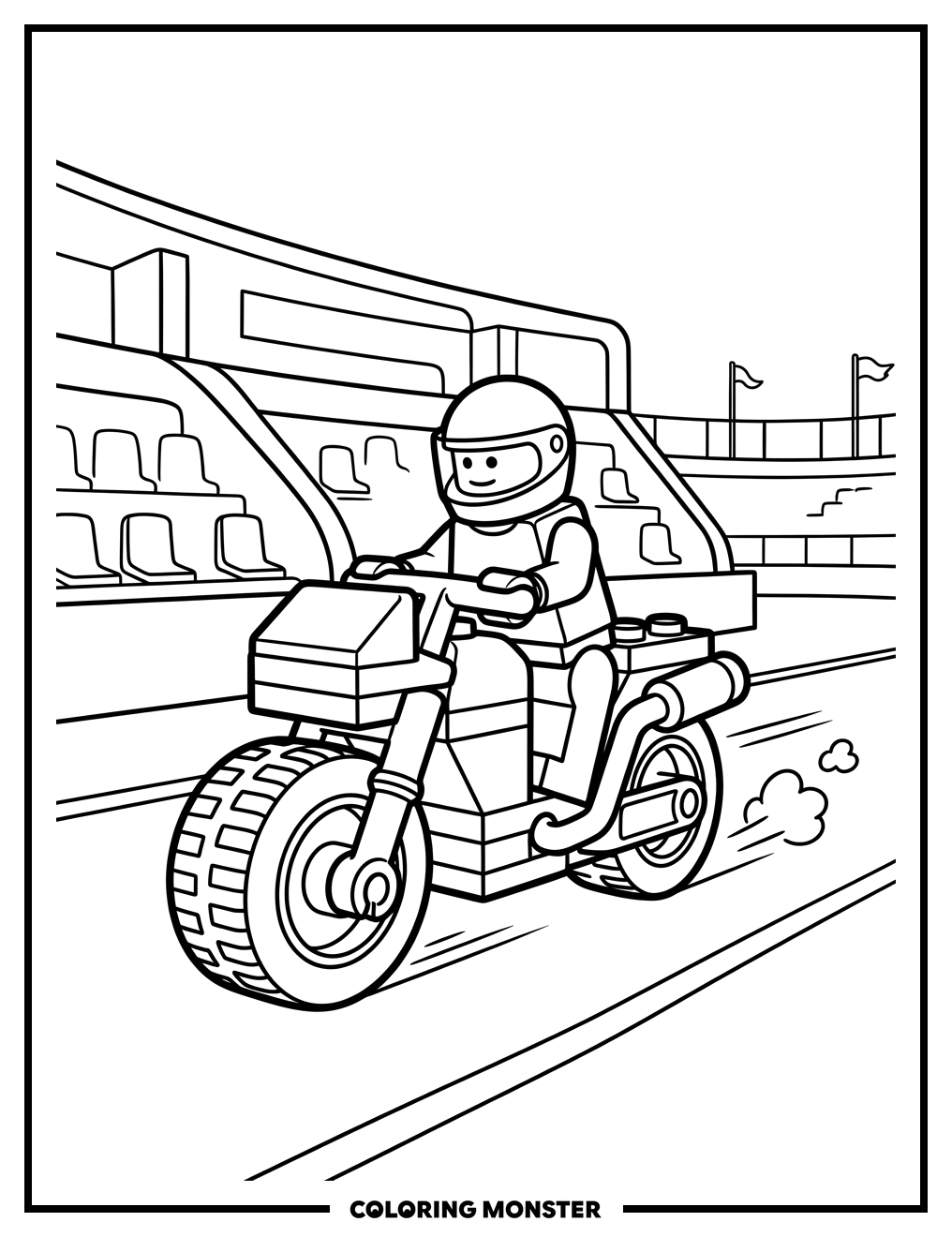 Lego Motorcycle on Racetrack Coloring Page
