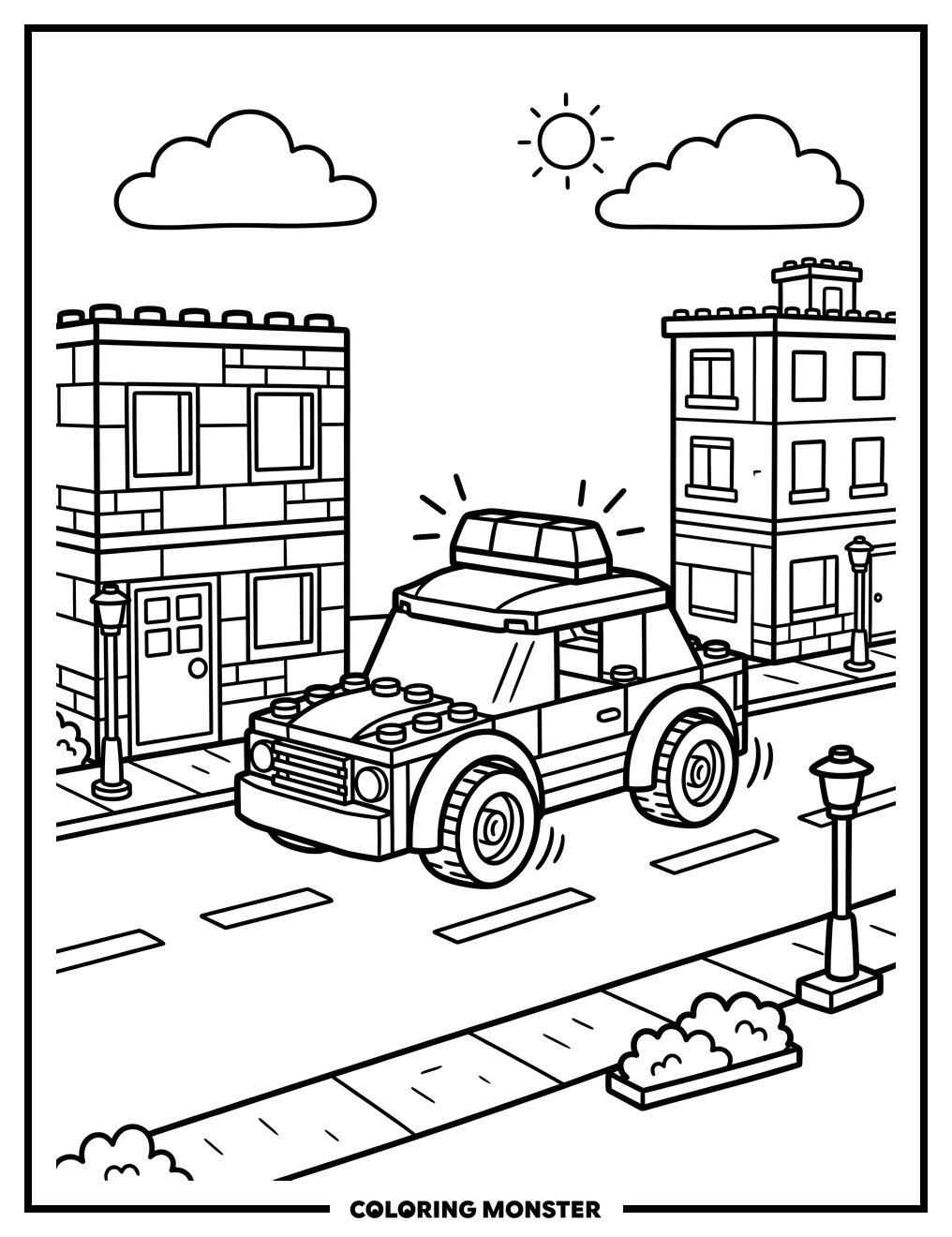 Lego Police Car on Road Coloring Page