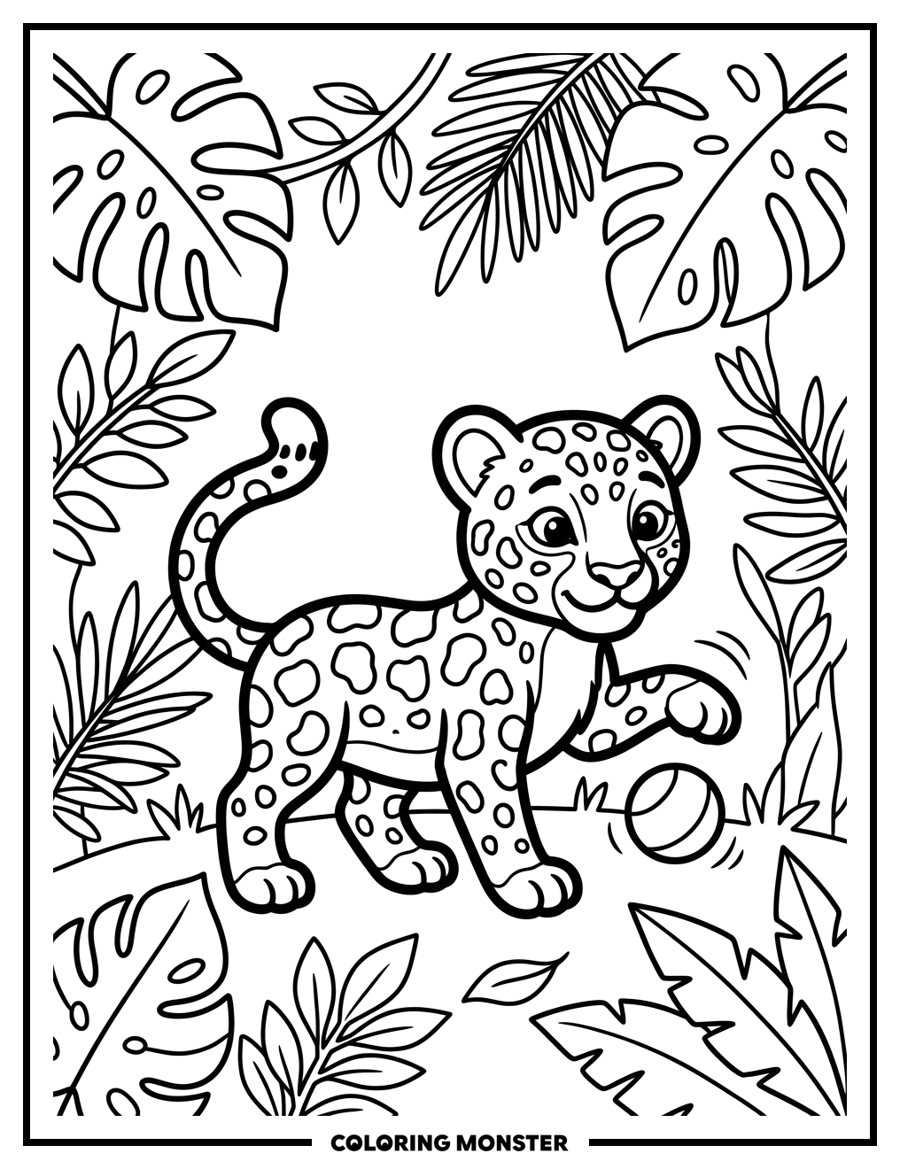 Leopard Cub Playing With Ball Coloring Page