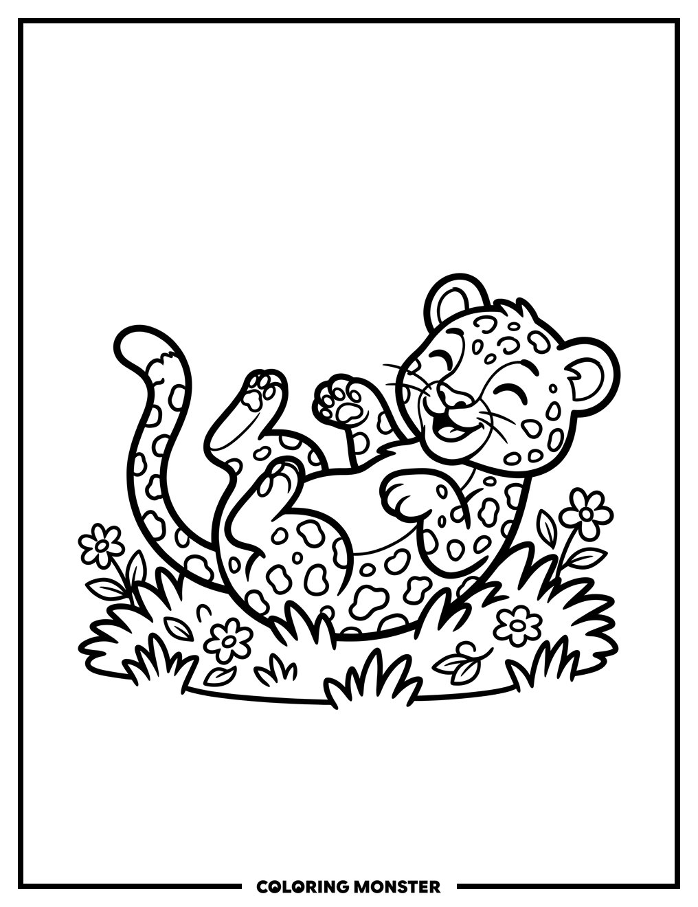 Leopard Cub Tumbles on Grassy Patch Coloring Page