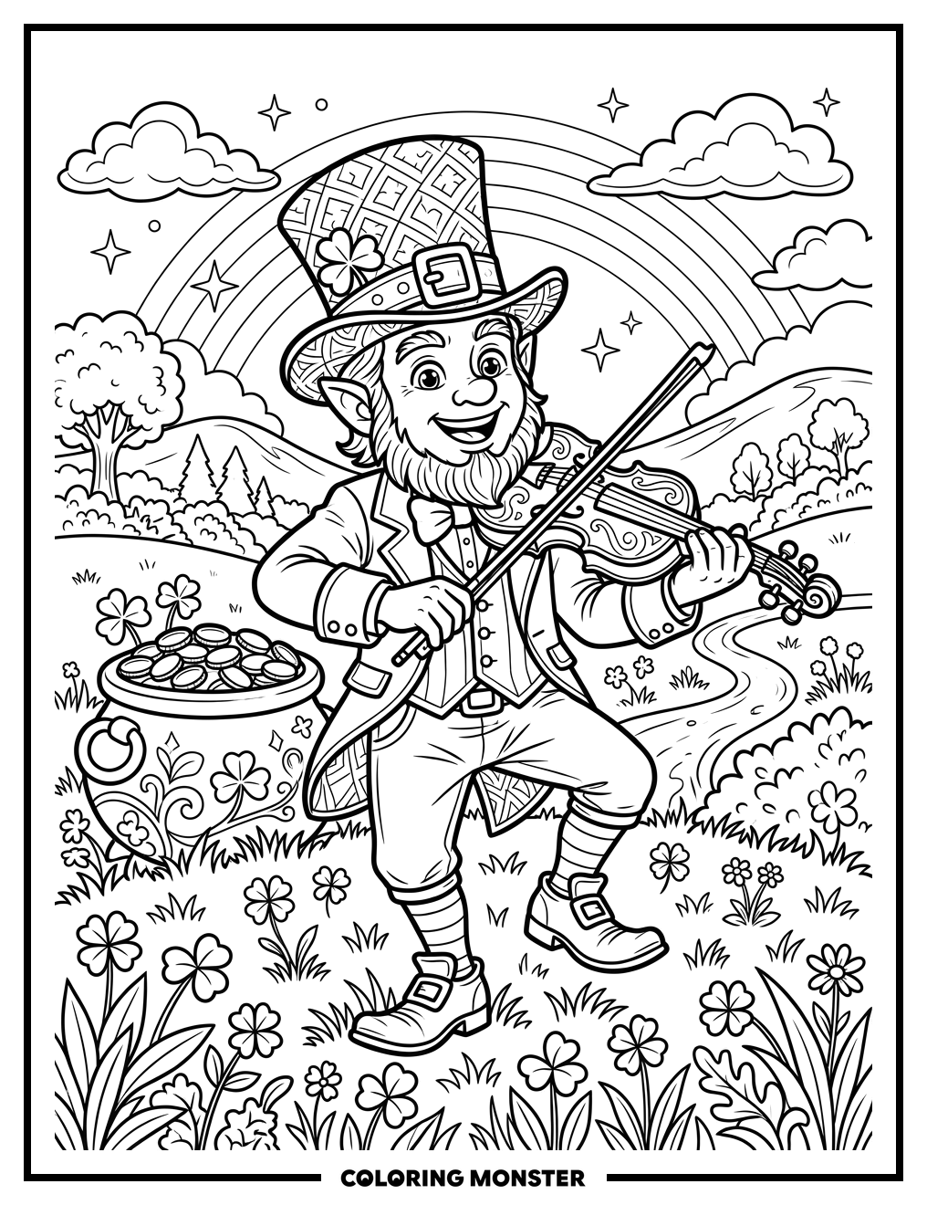 Leprechaun Playing Fiddle with Pot of Gold Coloring Page