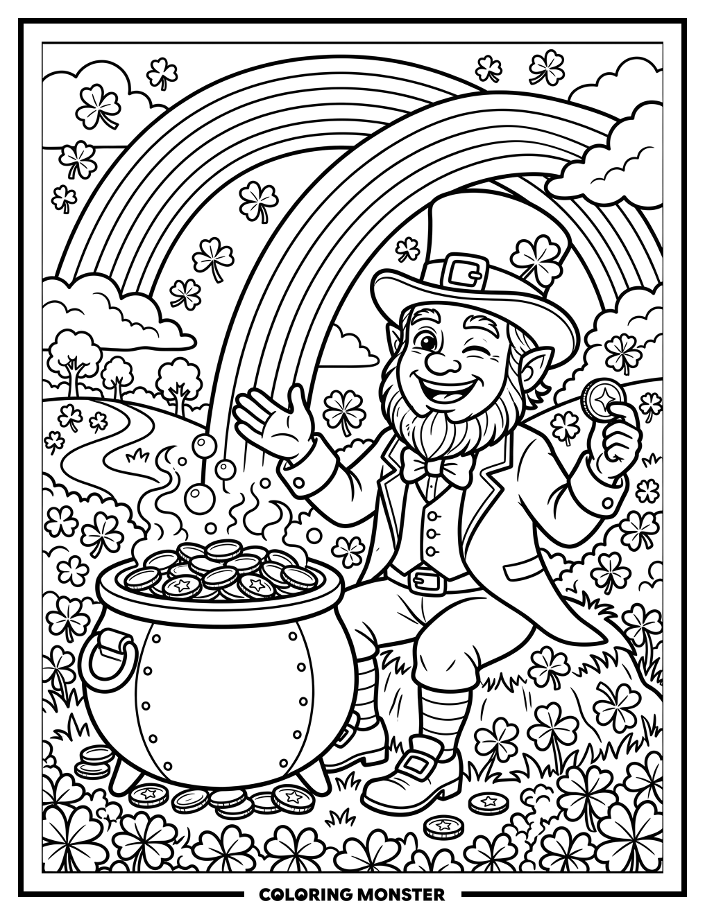 Leprechaun with Pot of Gold Coloring Page