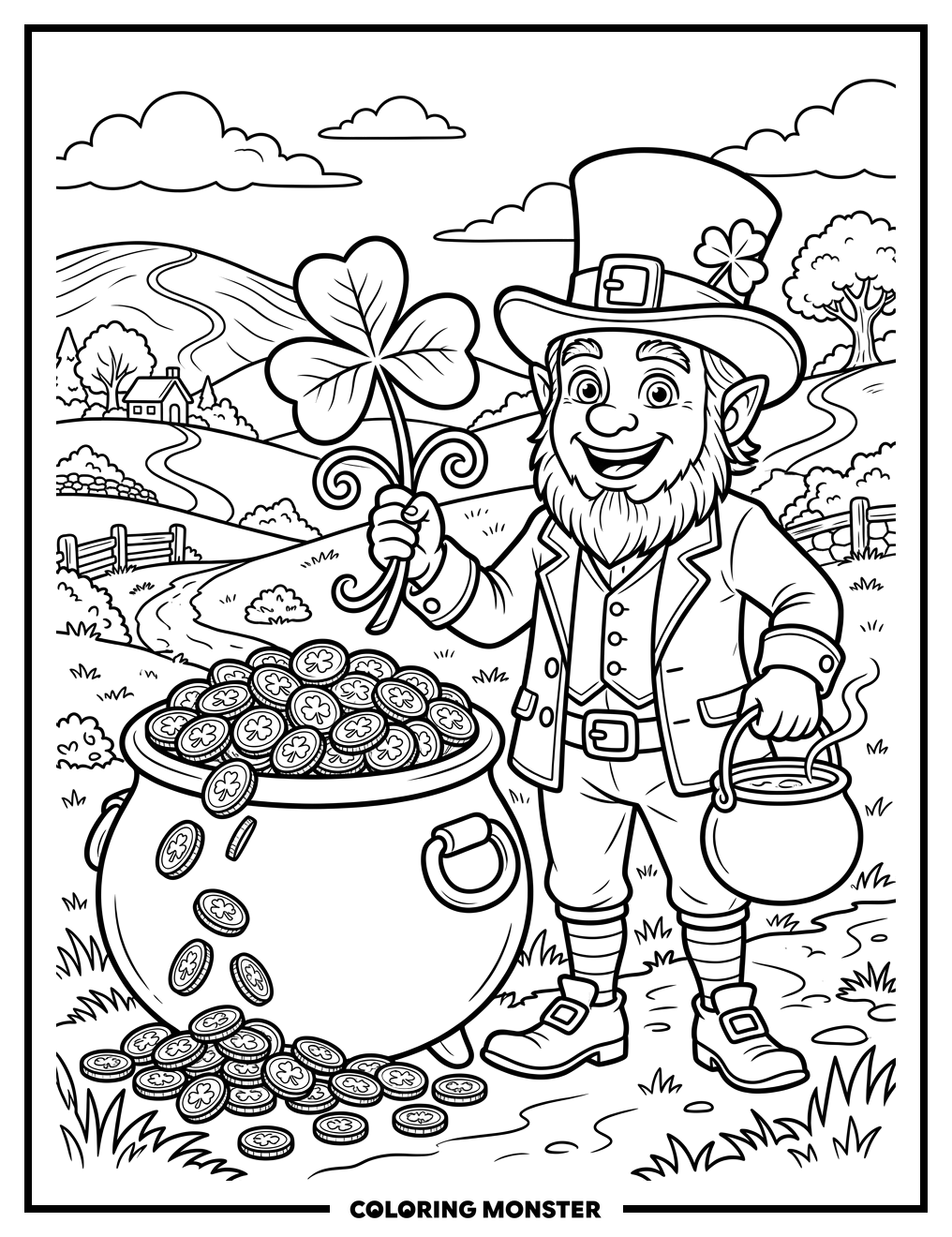 Leprechaun With Pot Of Gold Coloring Page