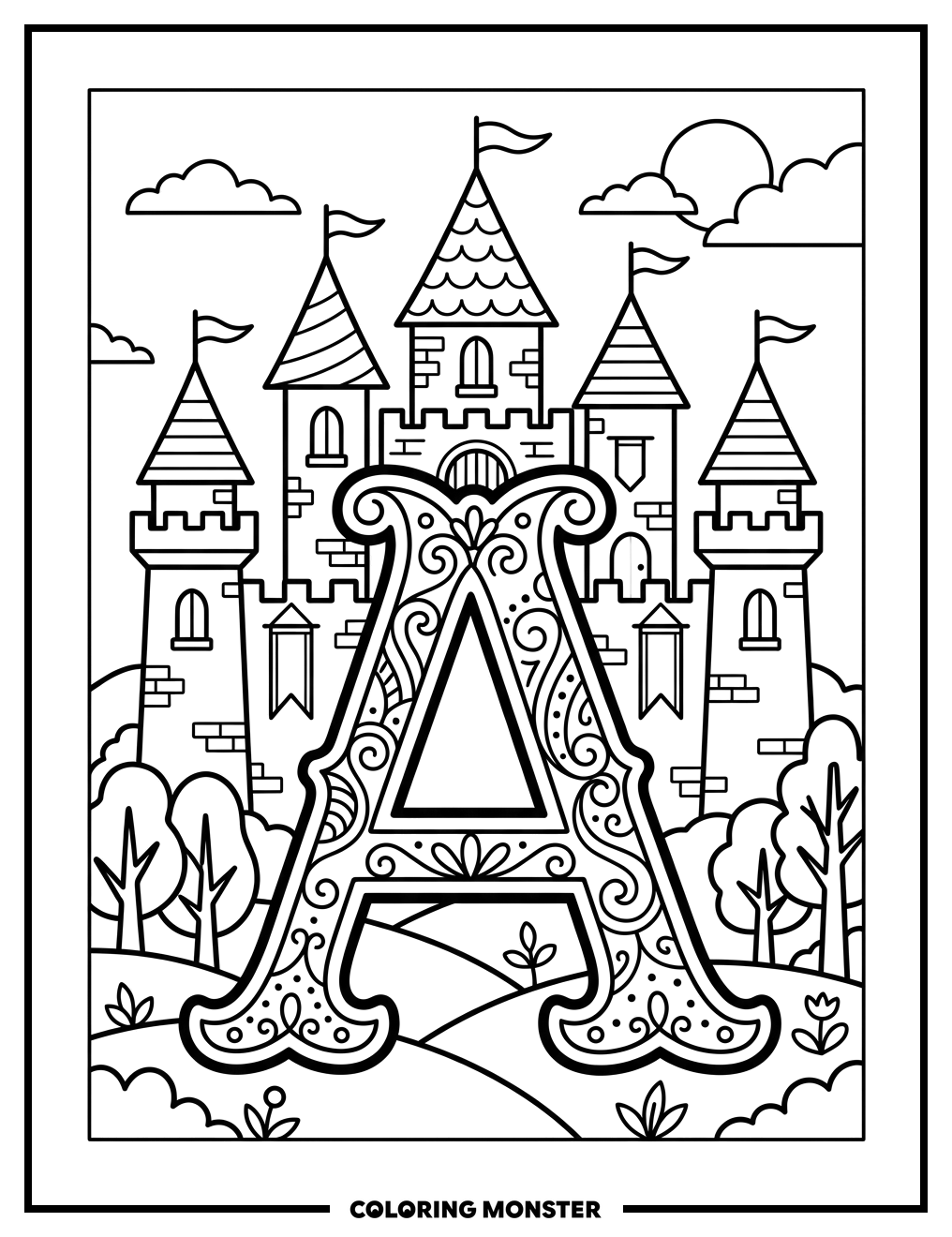 Letter A And Castle Coloring Page