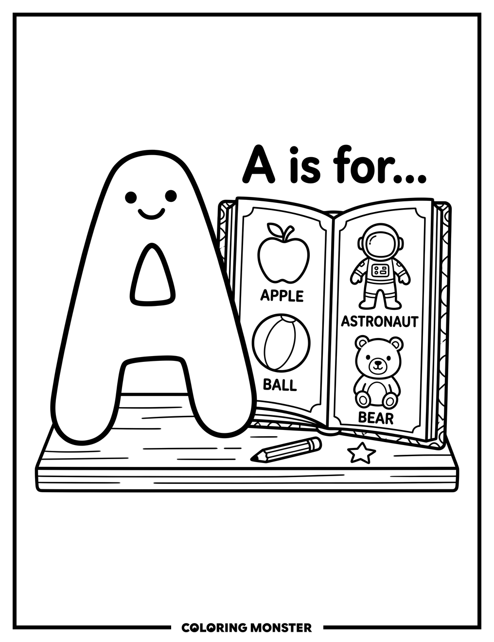 Letter A and Open Book Coloring Page