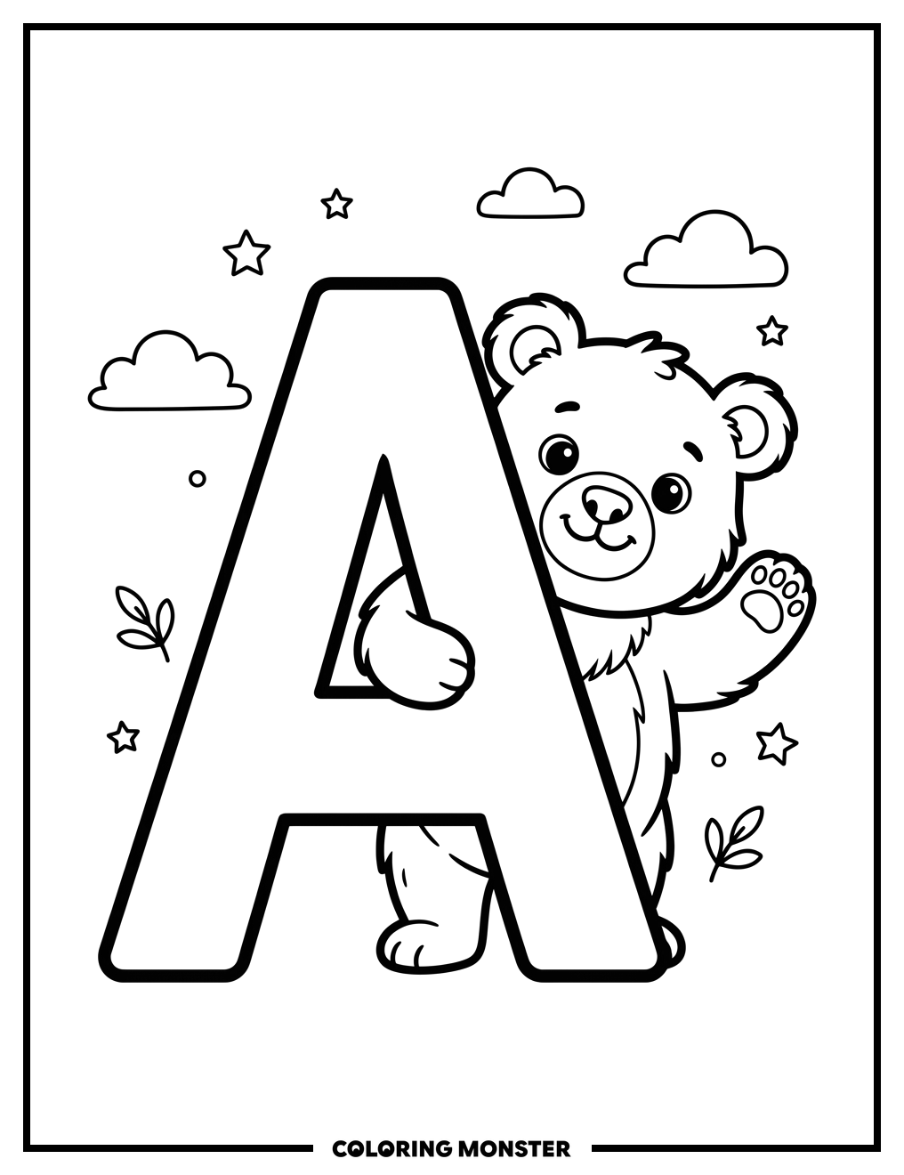 Letter A With A Waving Bear Coloring Page