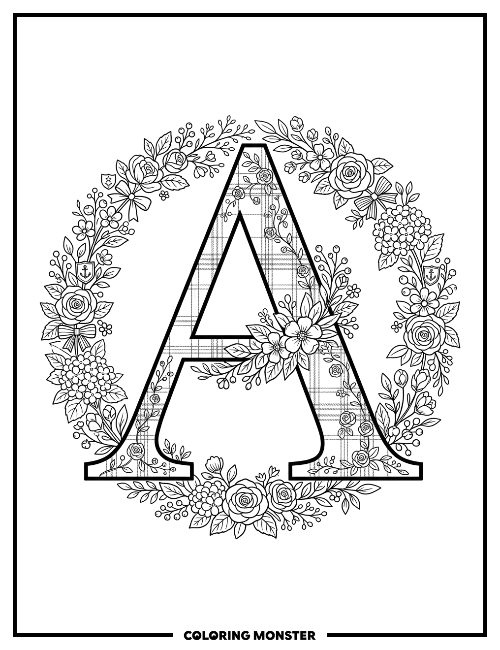 Letter A With Floral Wreath Coloring Page