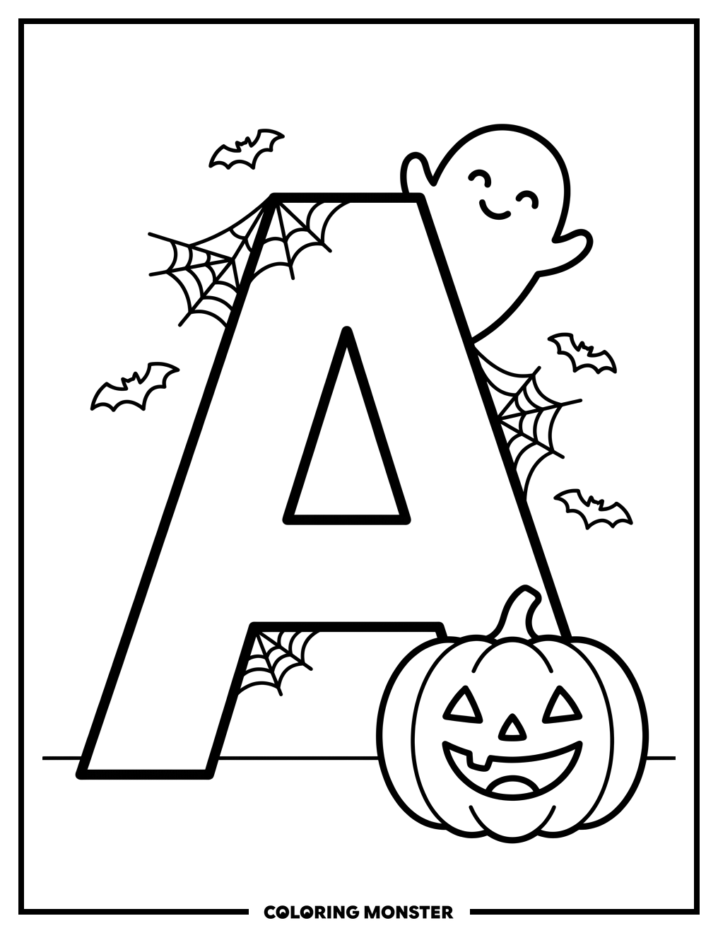 Letter A With Ghost and Pumpkin Coloring Page