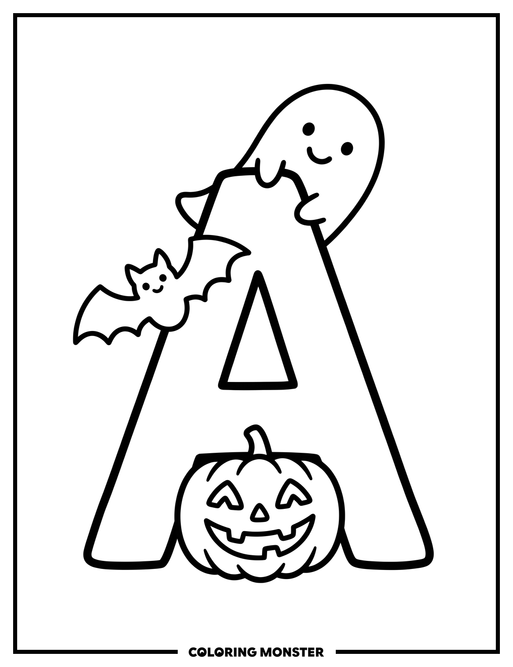 Letter A With Halloween Friends Coloring Page