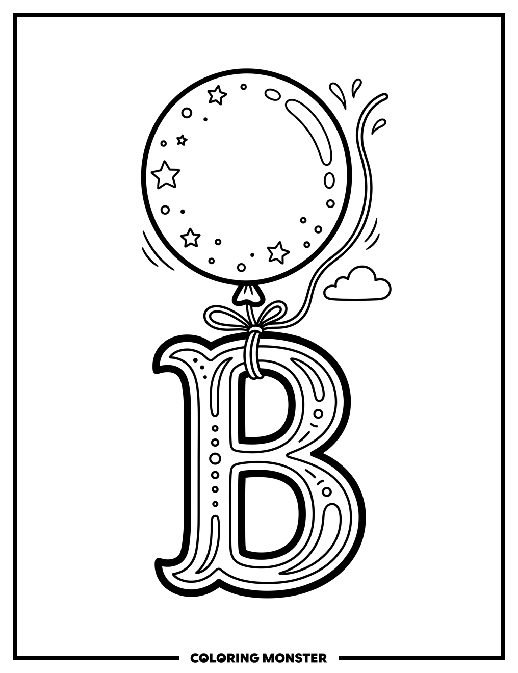 Letter B With Floating Balloon Coloring Page
