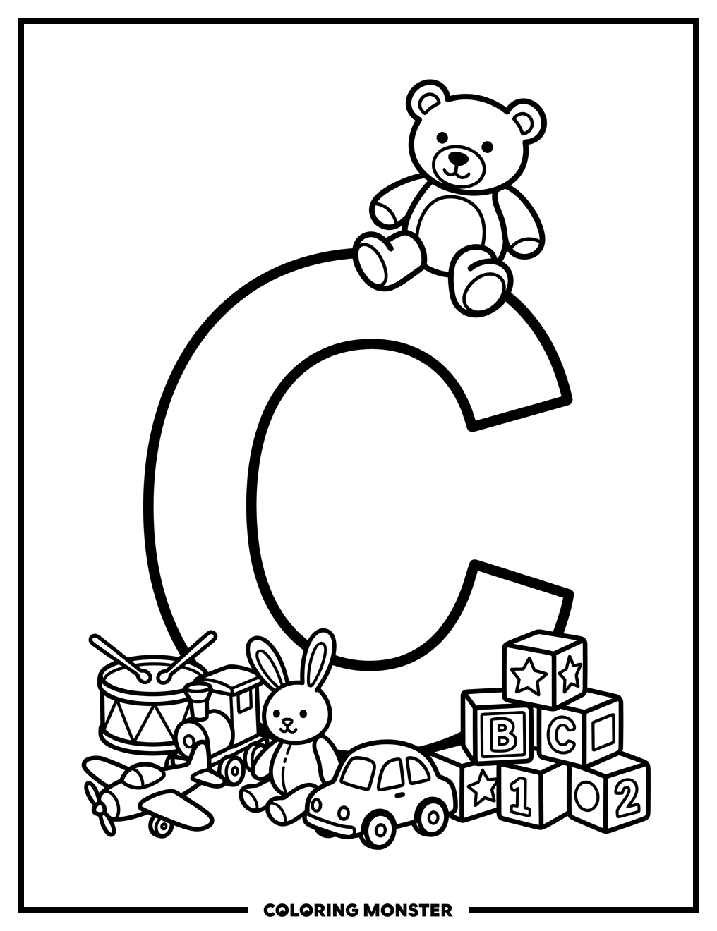 Letter C with Toys Coloring Page