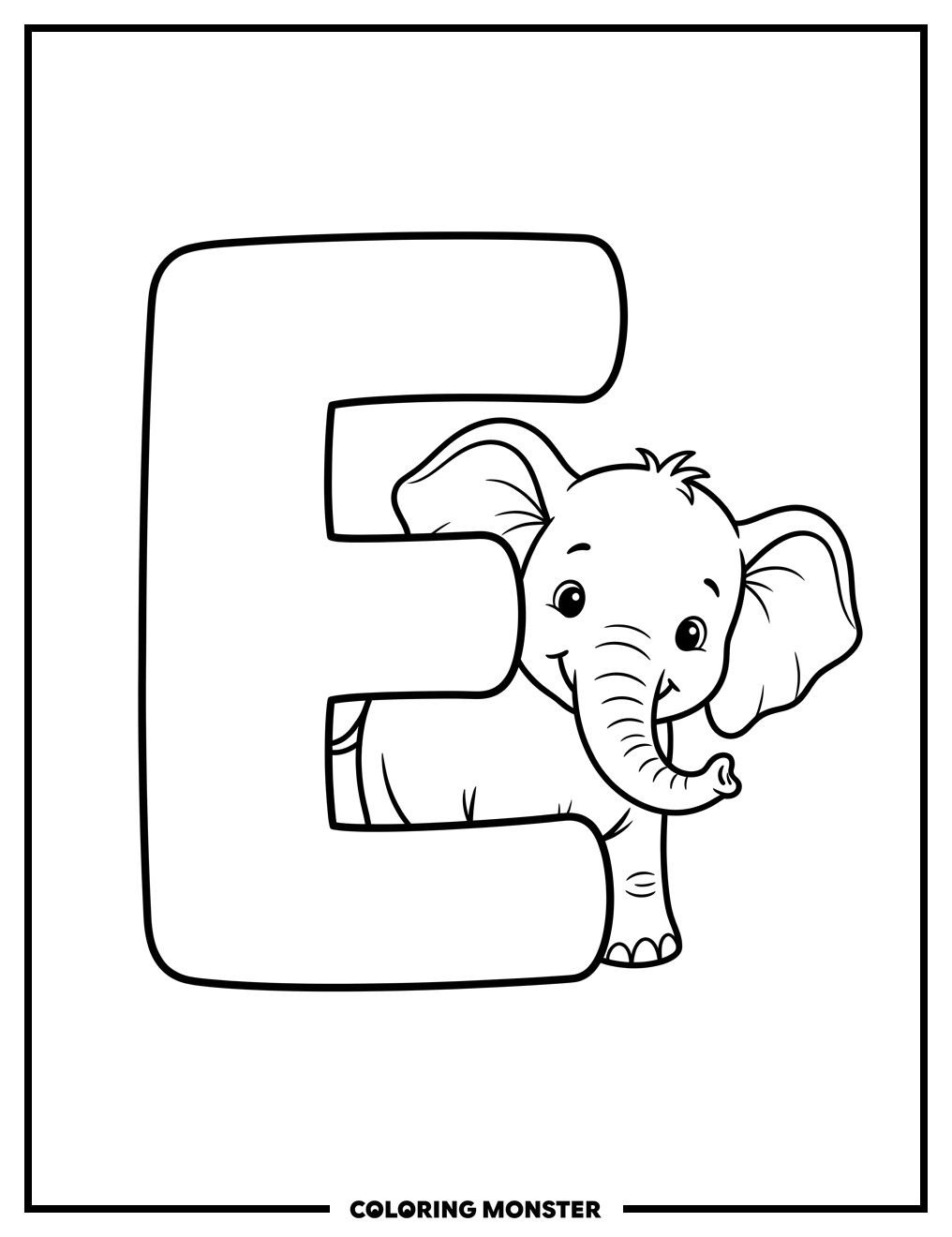 Letter E With Friendly Elephant Coloring Page