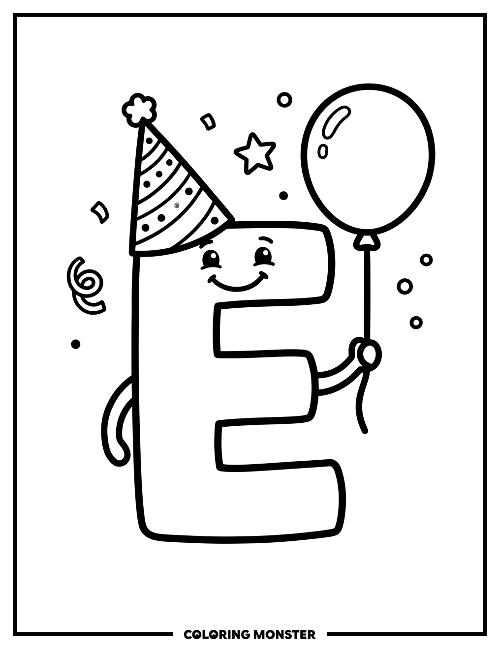 Letter E With Party Hat and Balloon Coloring Page