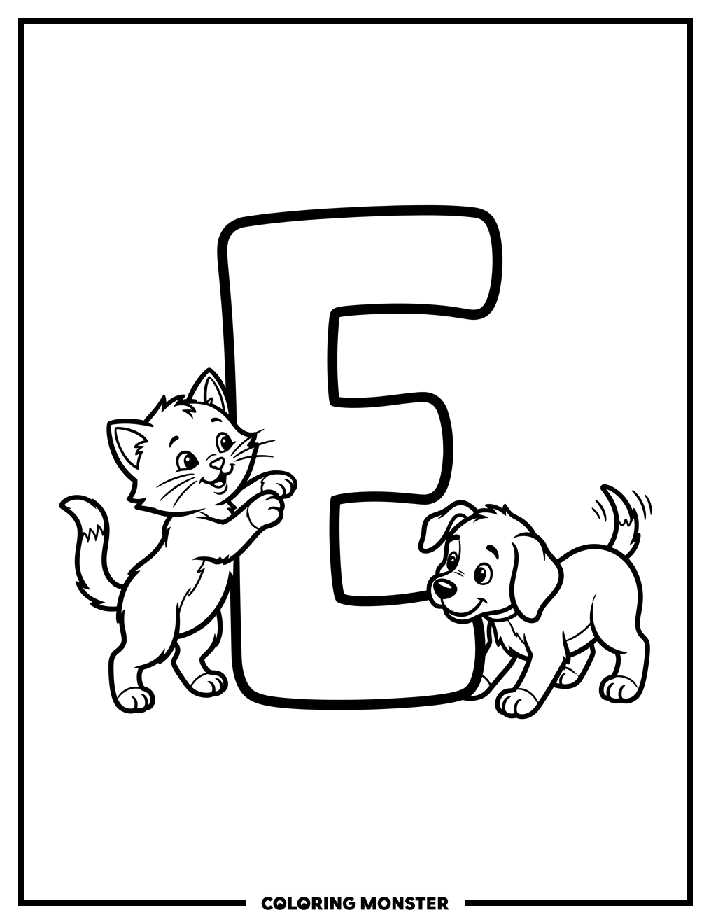 Letter E With Playful Kitten And Puppy Coloring Page