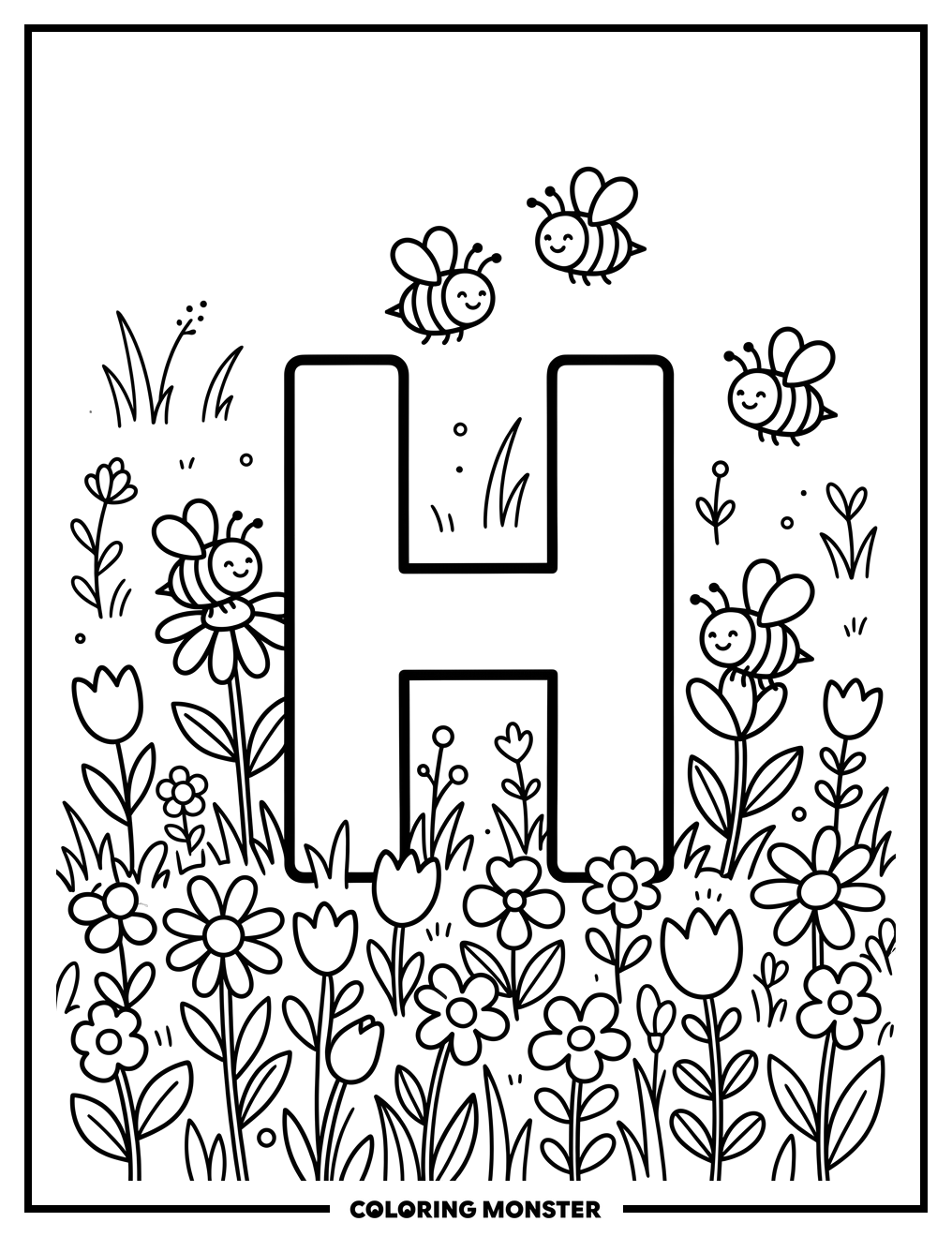 Letter H Among Flowers and Bees Coloring Page