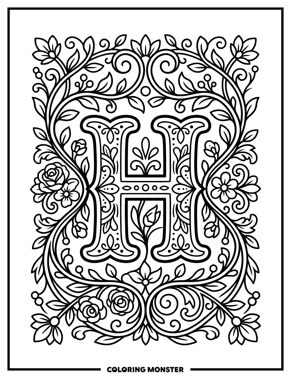 Letter H With Floral Border Coloring Page