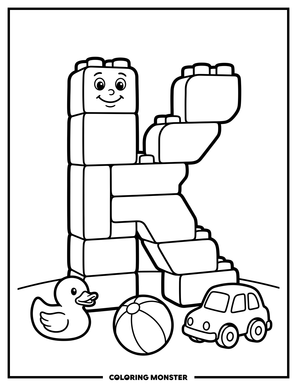 Letter K Made of Blocks with Toys Coloring Page