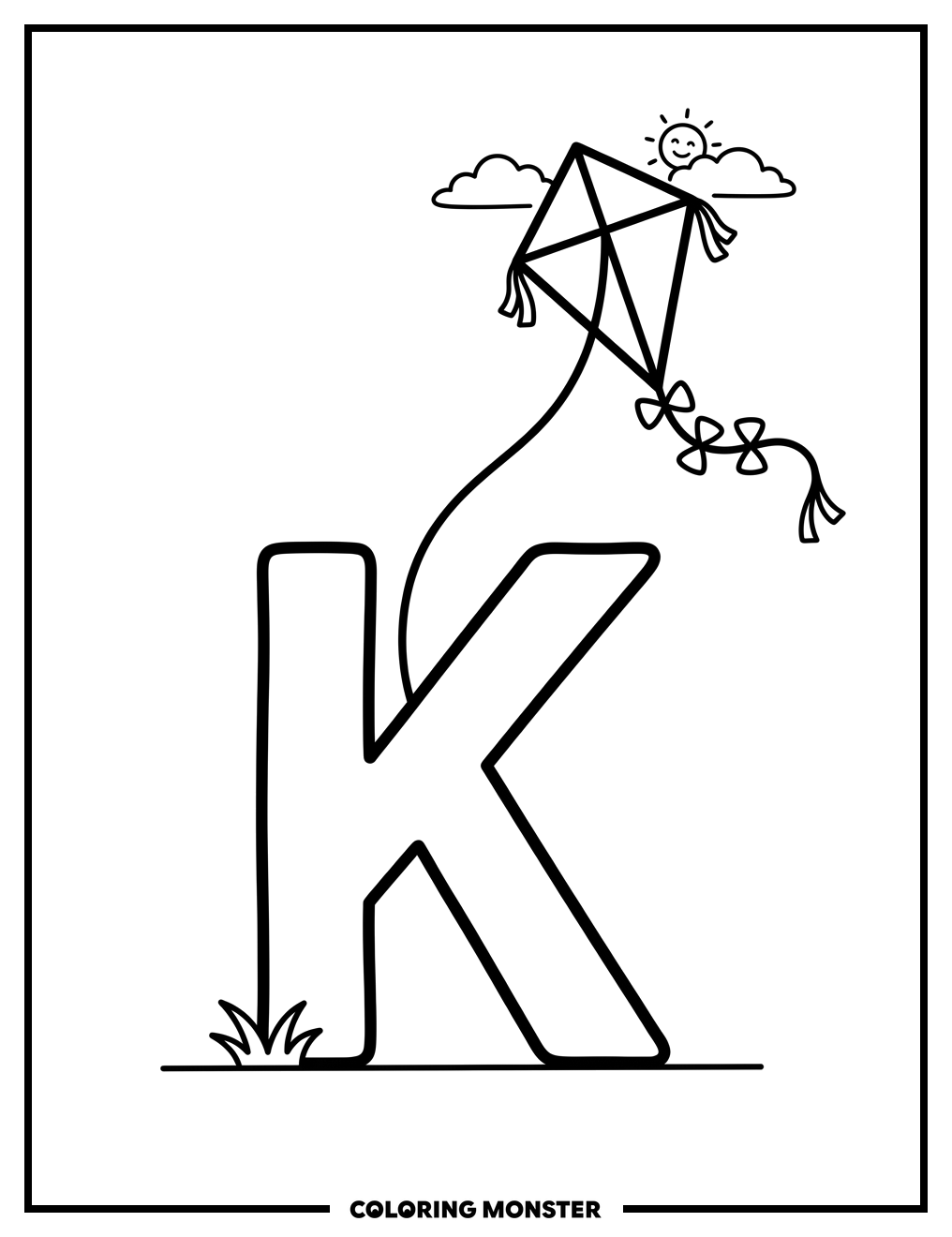 Letter K With Kite Coloring Page