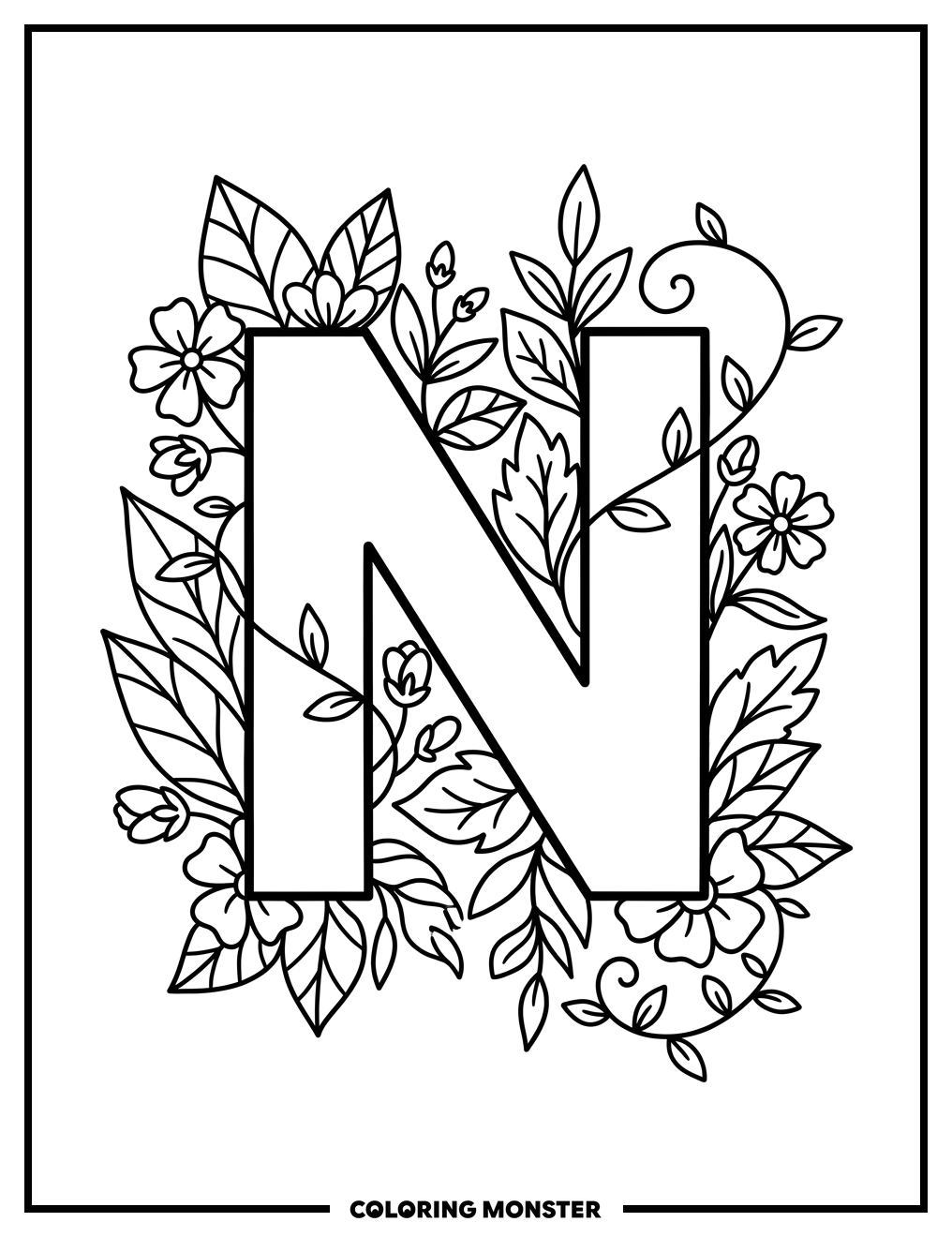 Letter N With Leaves and Flowers Coloring Page