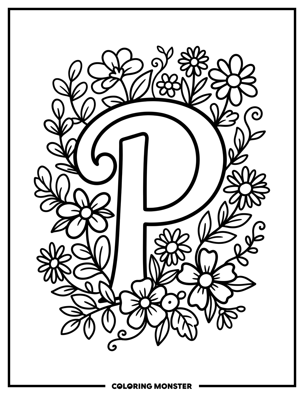 Letter P With Flowers Coloring Page