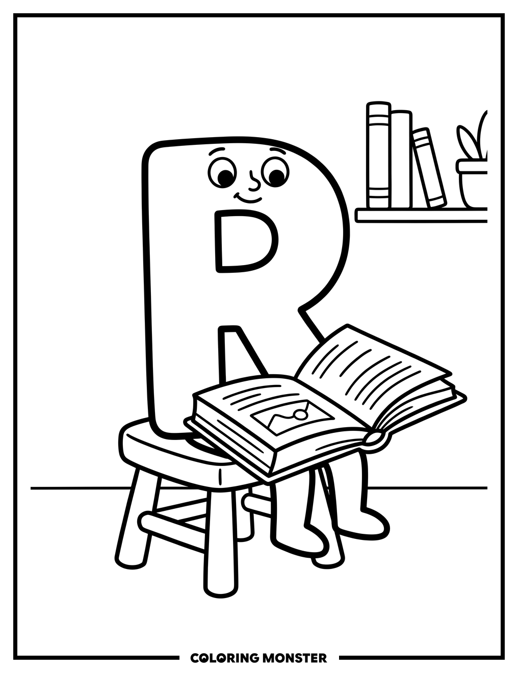 Letter R Reading a Book Coloring Page