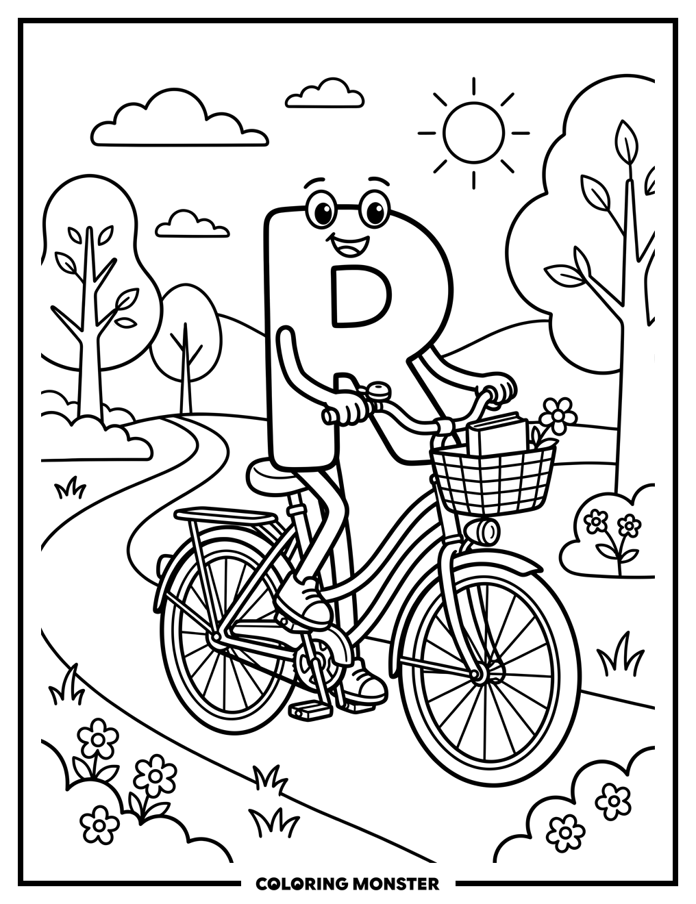 Letter R Rides a Bicycle Coloring Page