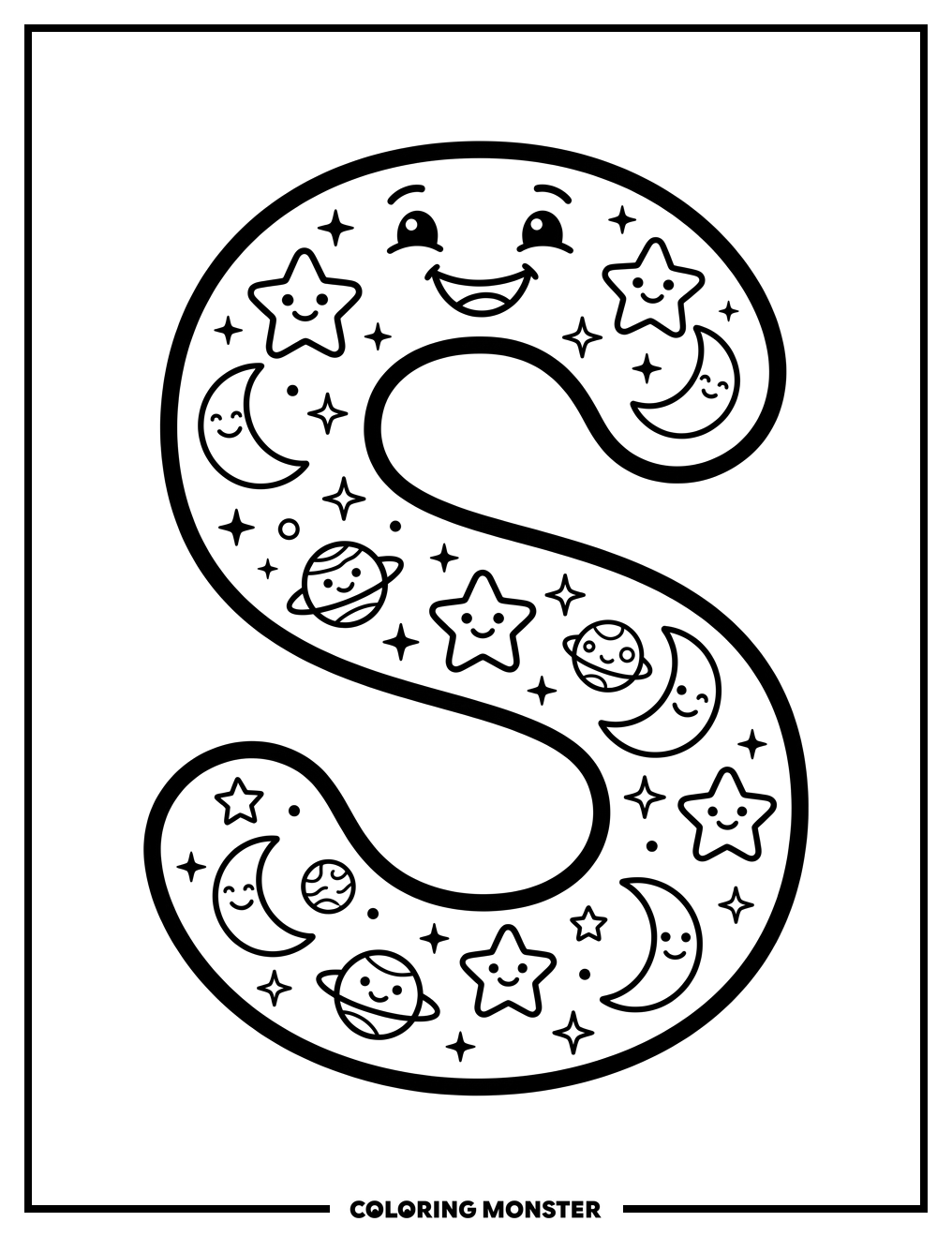Letter S with Stars and Moon Coloring Page