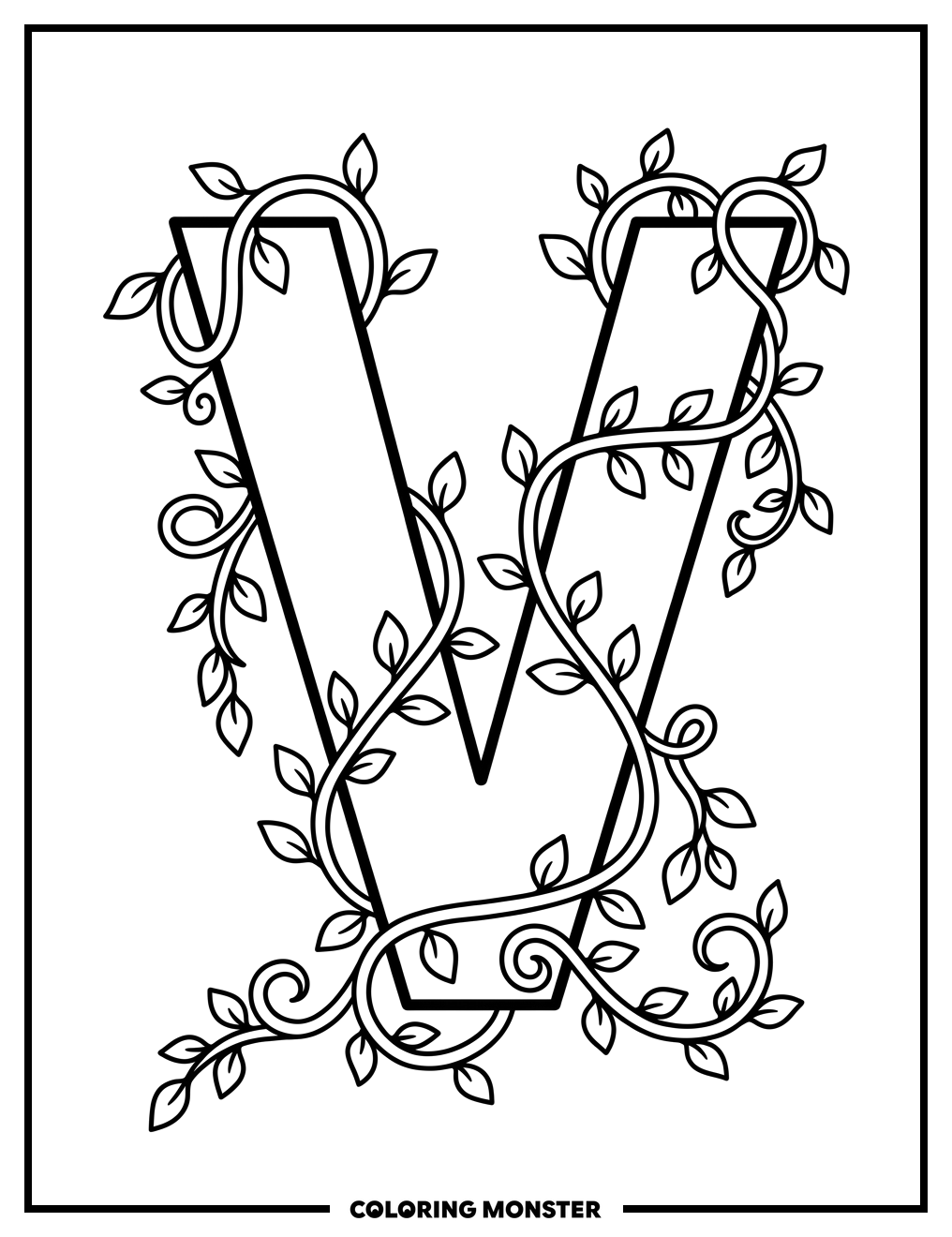 Letter V with Vines Coloring Page