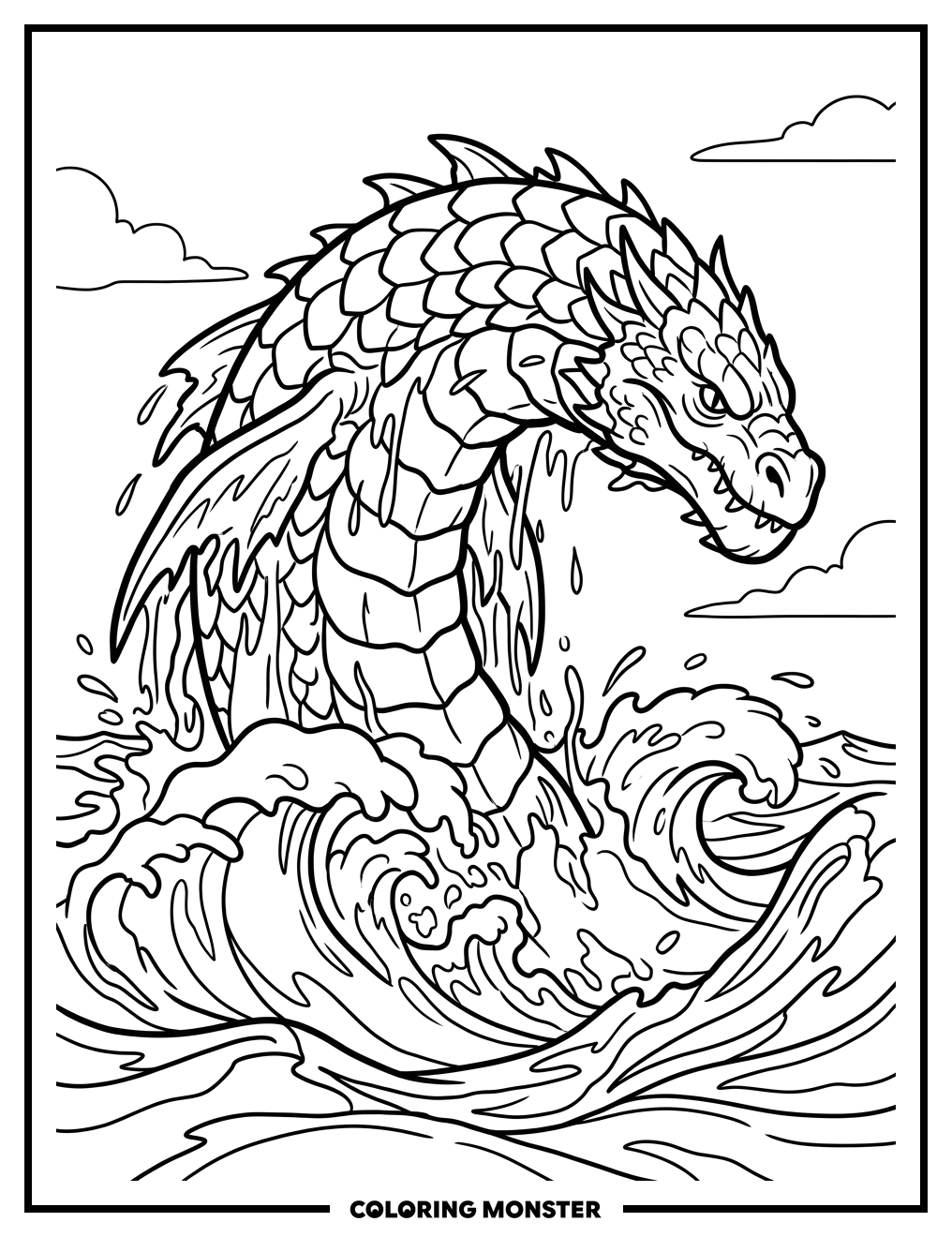 Leviathan Emerging From Ocean Waves Coloring Page