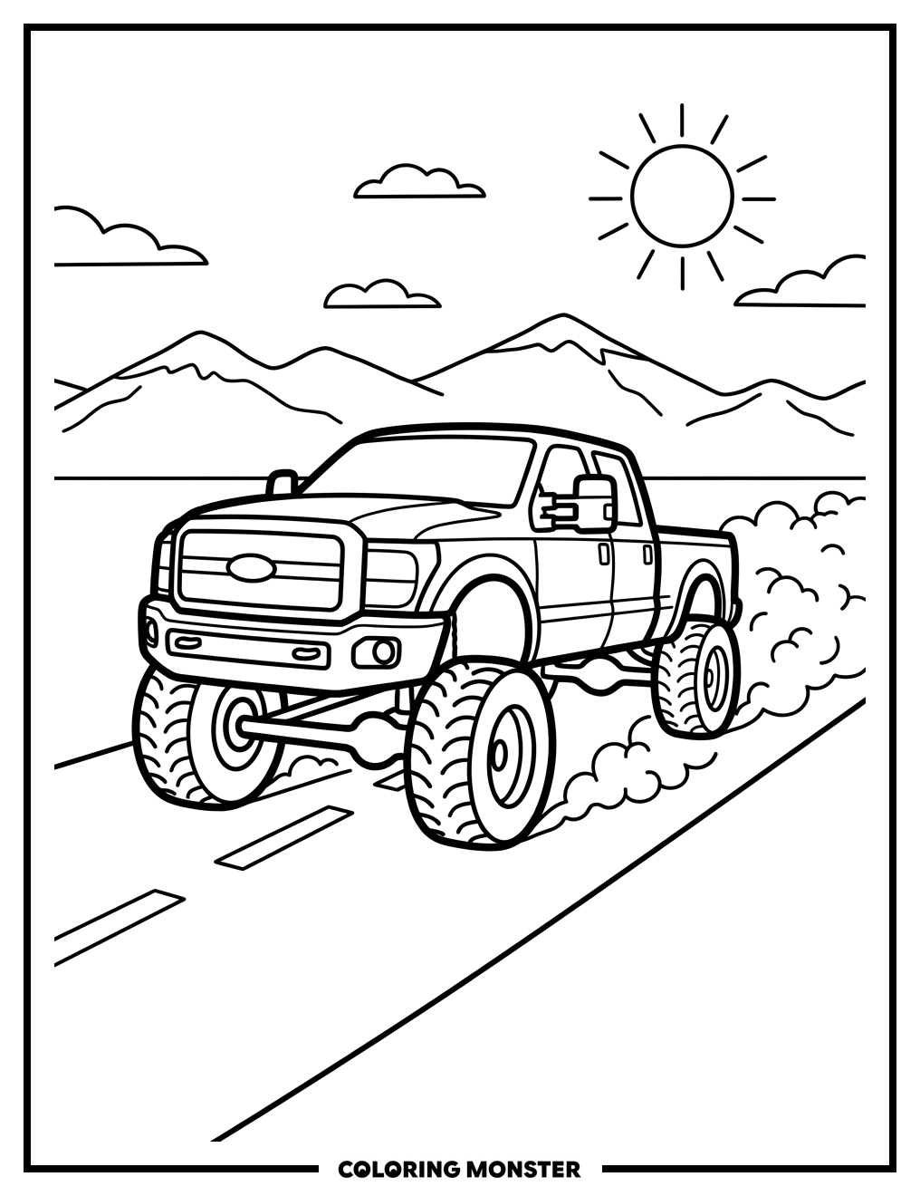 Lifted Diesel Truck on Dusty Highway Coloring Page