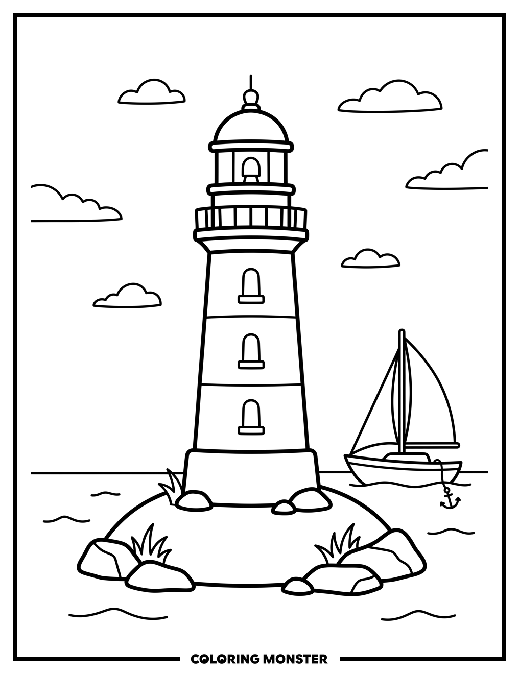 Lighthouse and Sailboat Scene Coloring Page