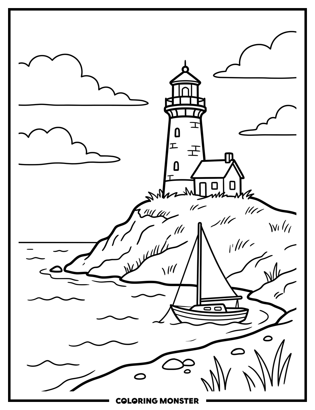 Lighthouse by the Sea Coloring Page