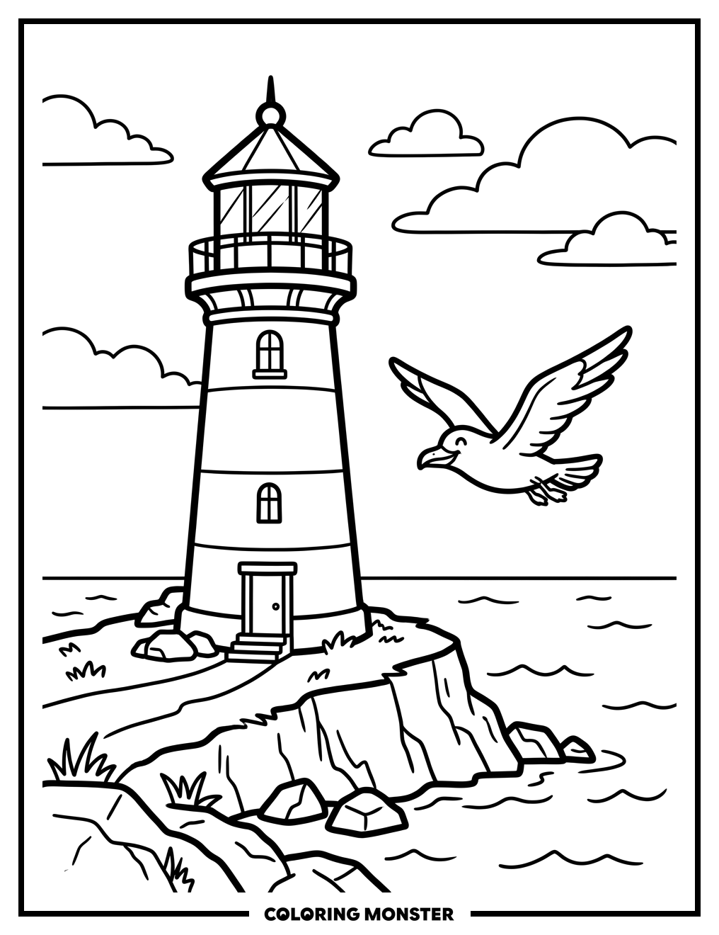 Lighthouse on Cliff with Seagull Coloring Page