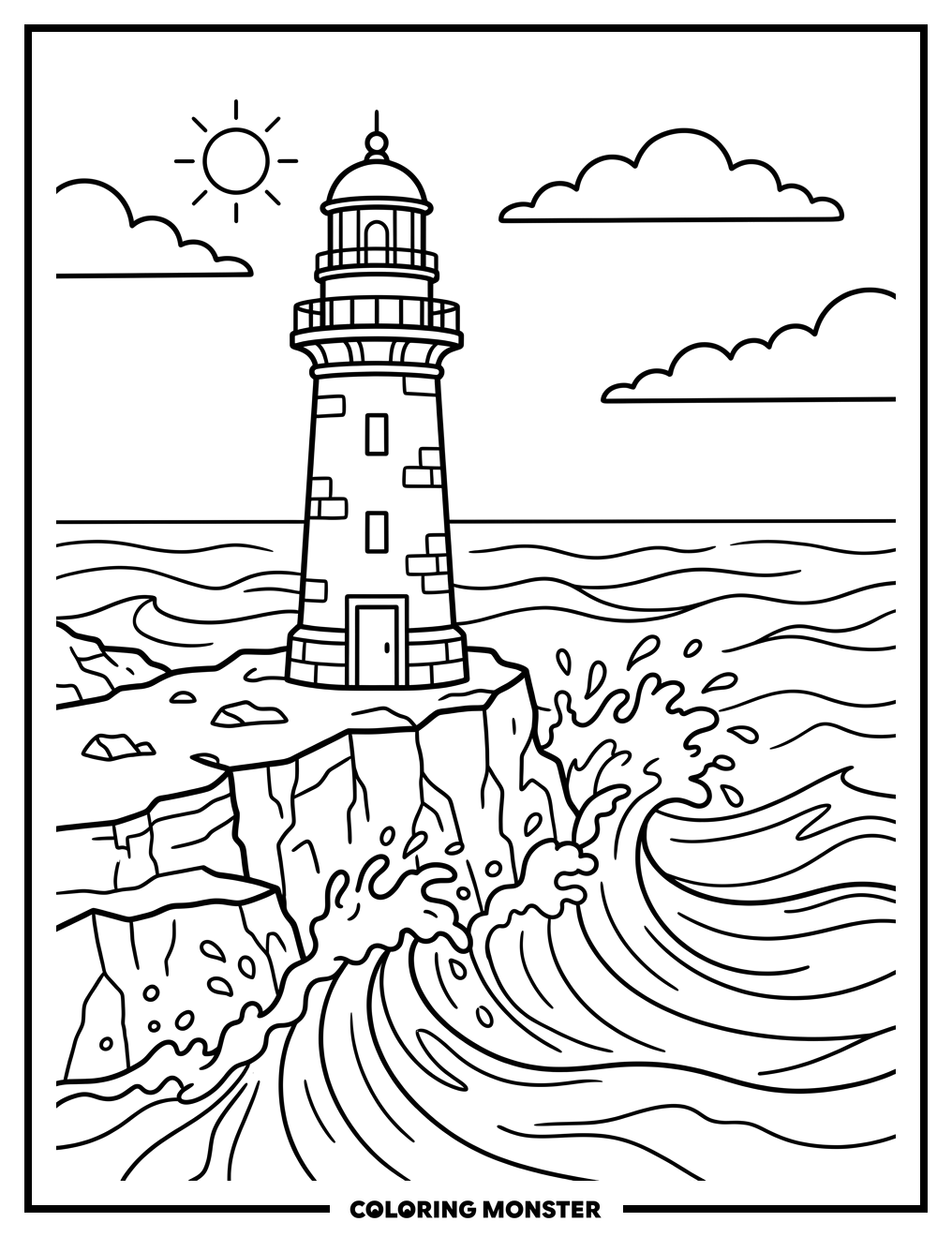 Lighthouse on Rocky Cliff Coloring Page
