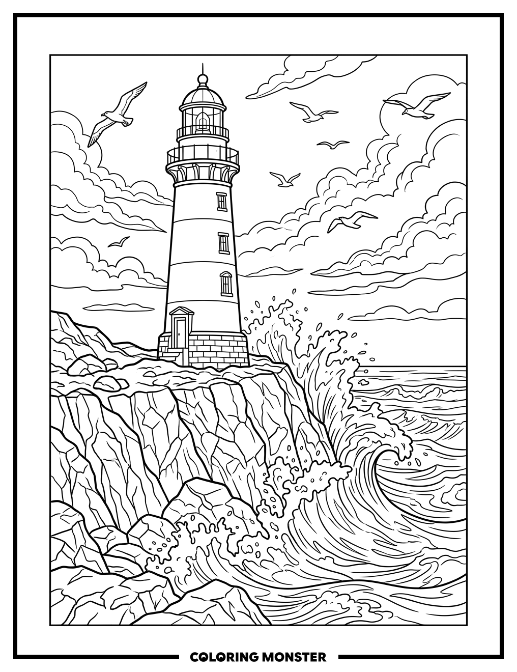 Lighthouse on Rocky Coast Coloring Page
