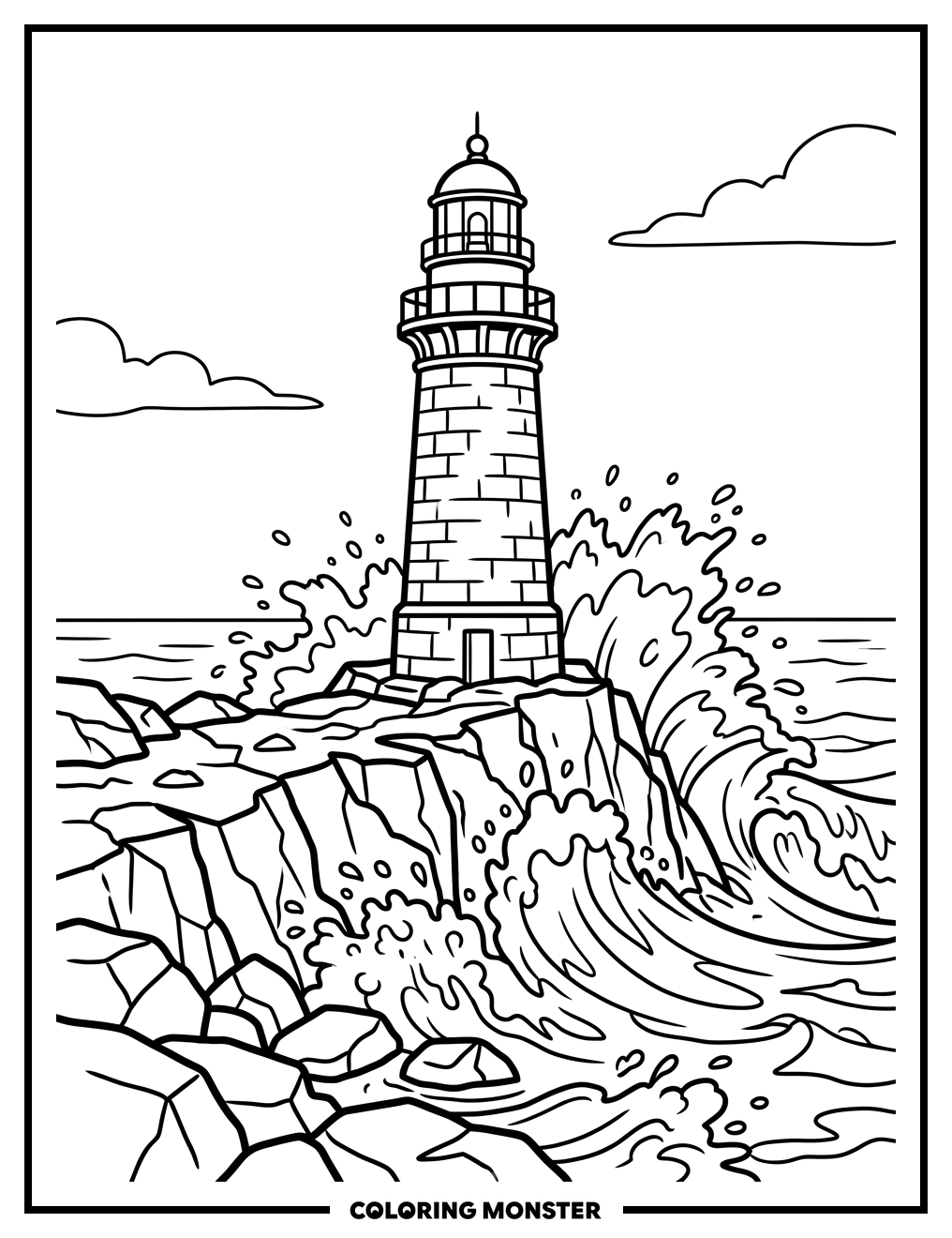 Lighthouse on Rocky Coastline Coloring Page