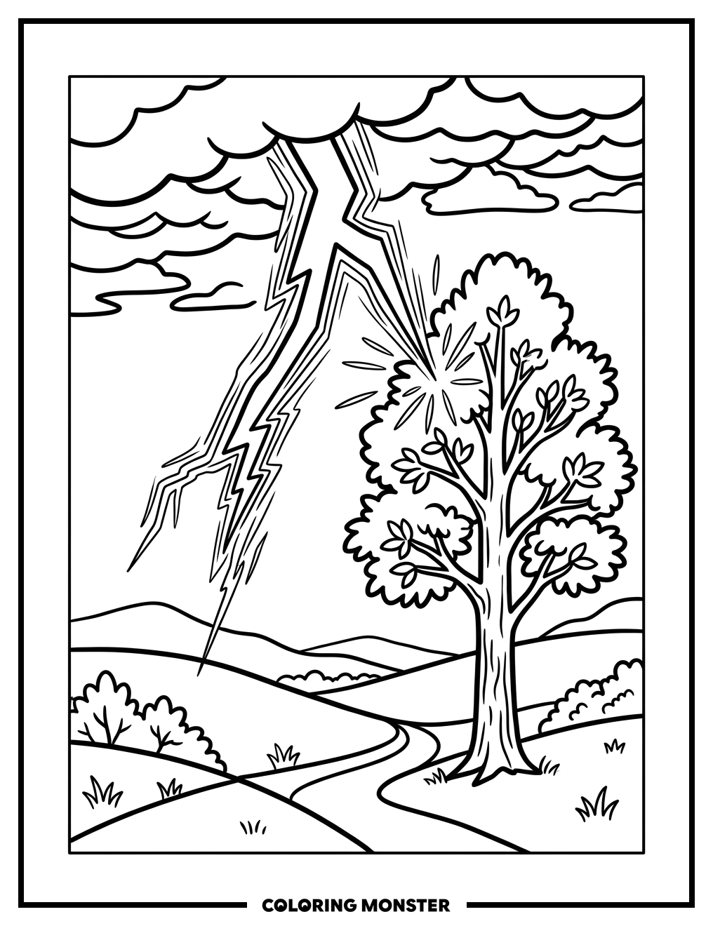 Lightning Strikes Tree Coloring Page