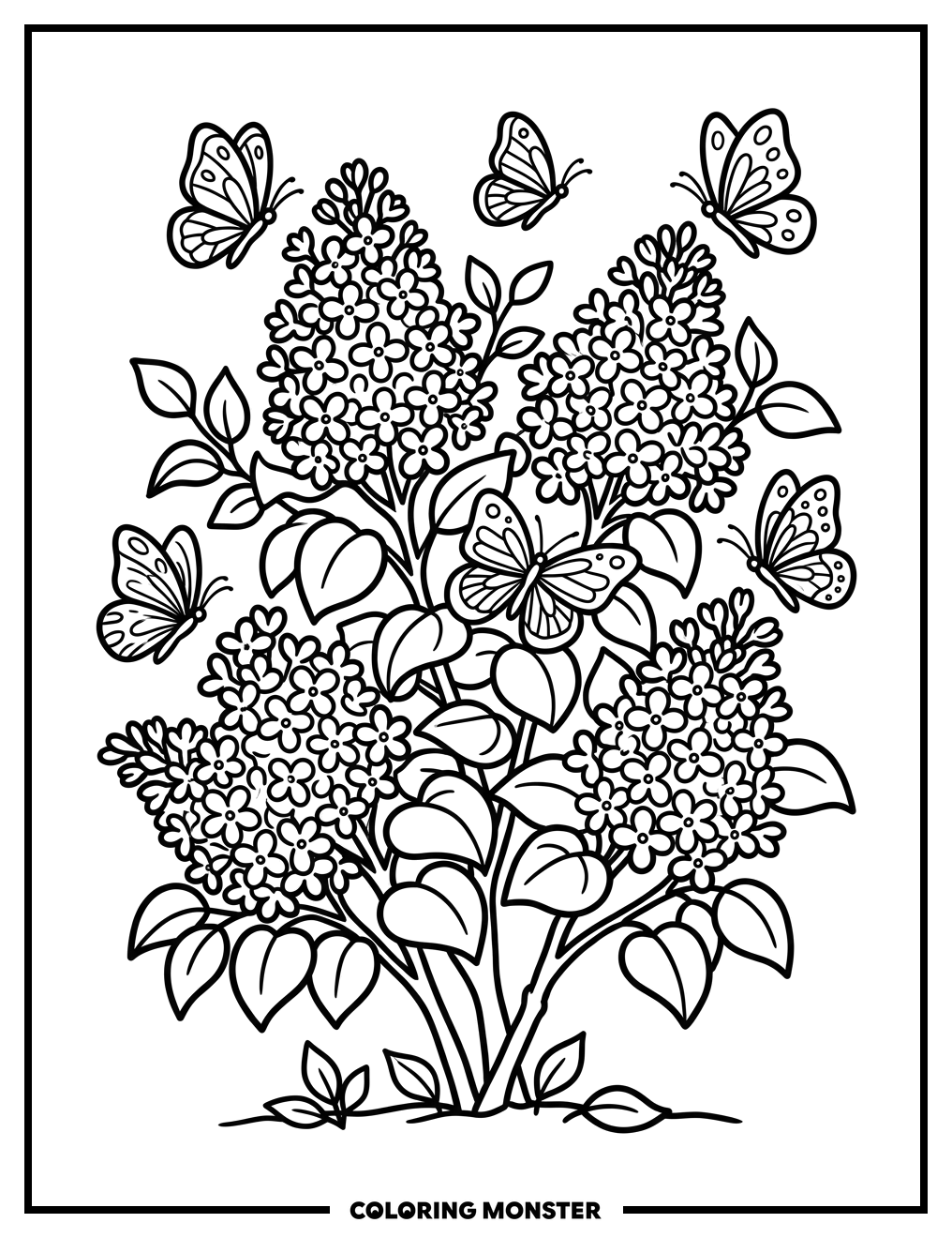 Lilac Bush With Butterflies Coloring Page