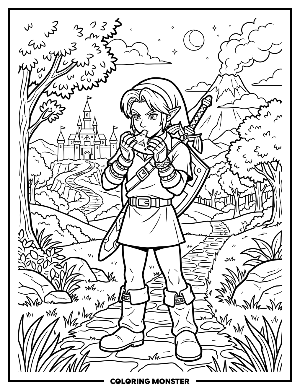 Link Plays Ocarina in Hyrule Field Coloring Page