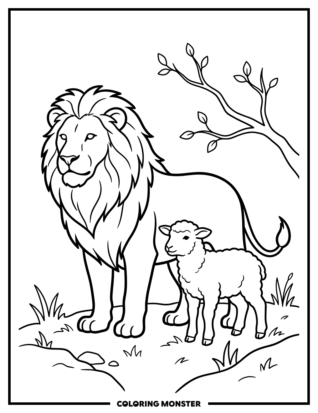 Lion and Lamb in Spring Coloring Page
