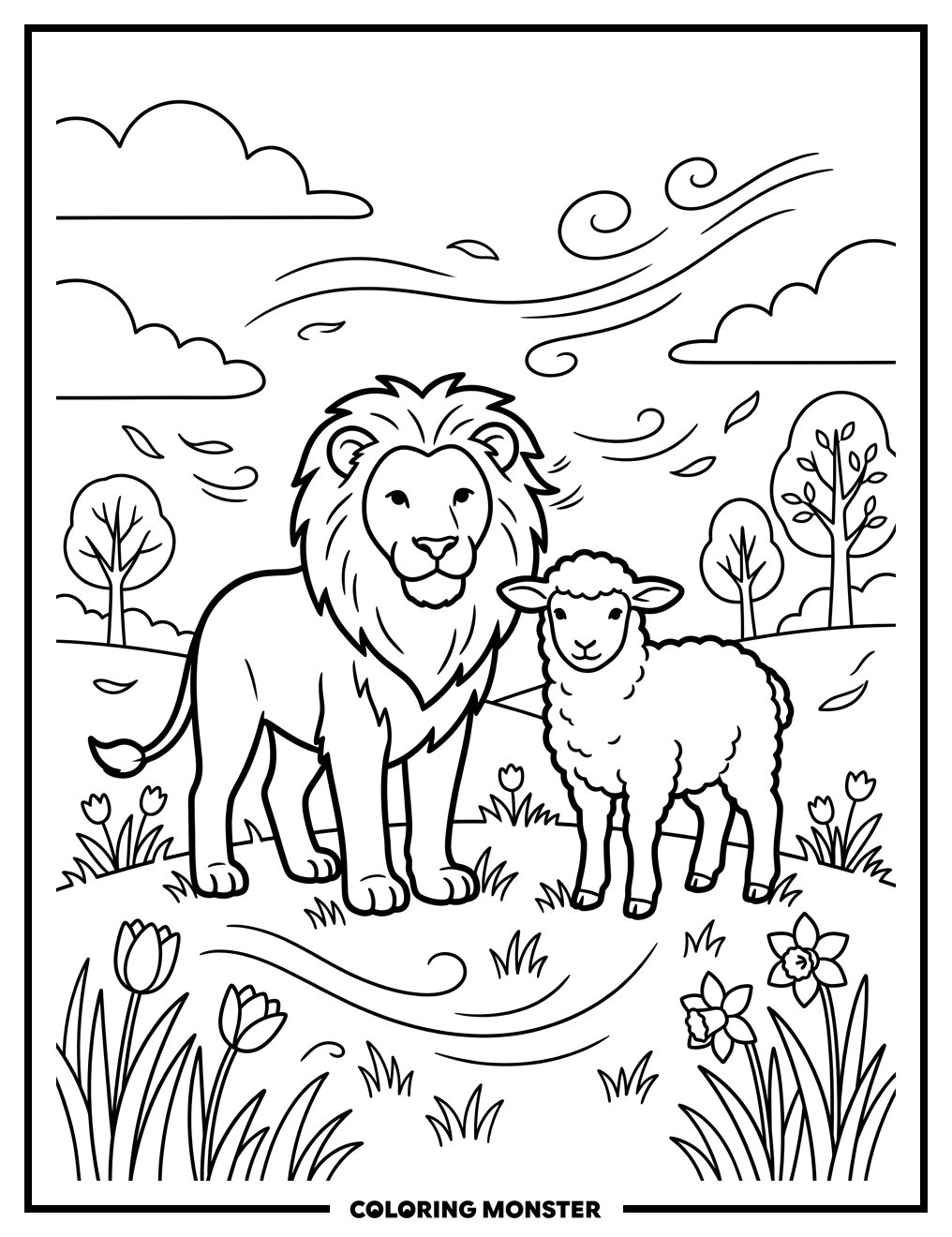 Lion and Lamb in Spring Field Coloring Page