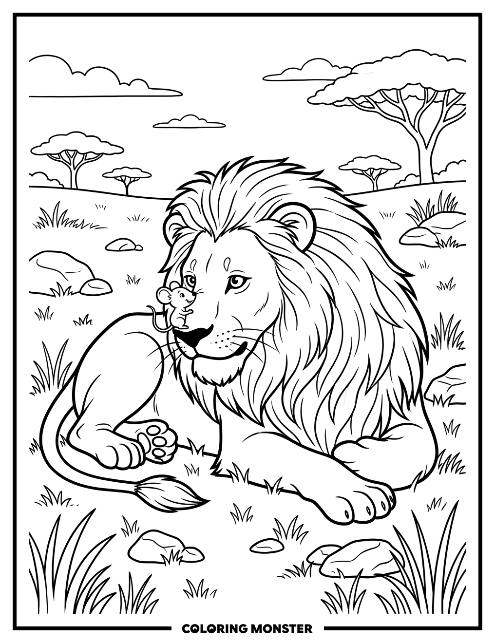 Lion and Mouse on the Savanna Coloring Page