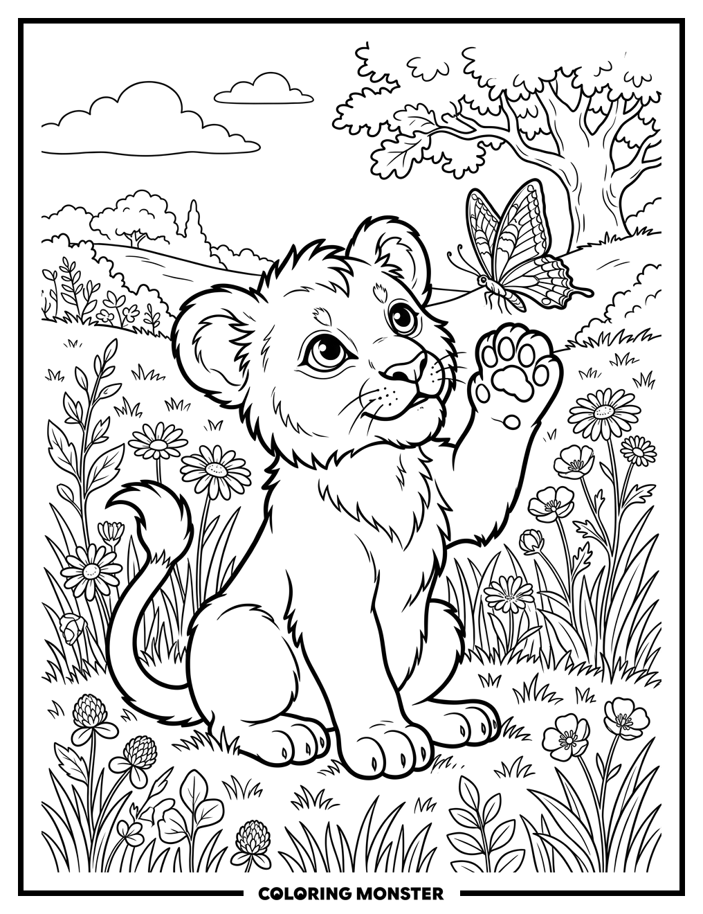 Lion Cub and Butterfly in Meadow Coloring Page