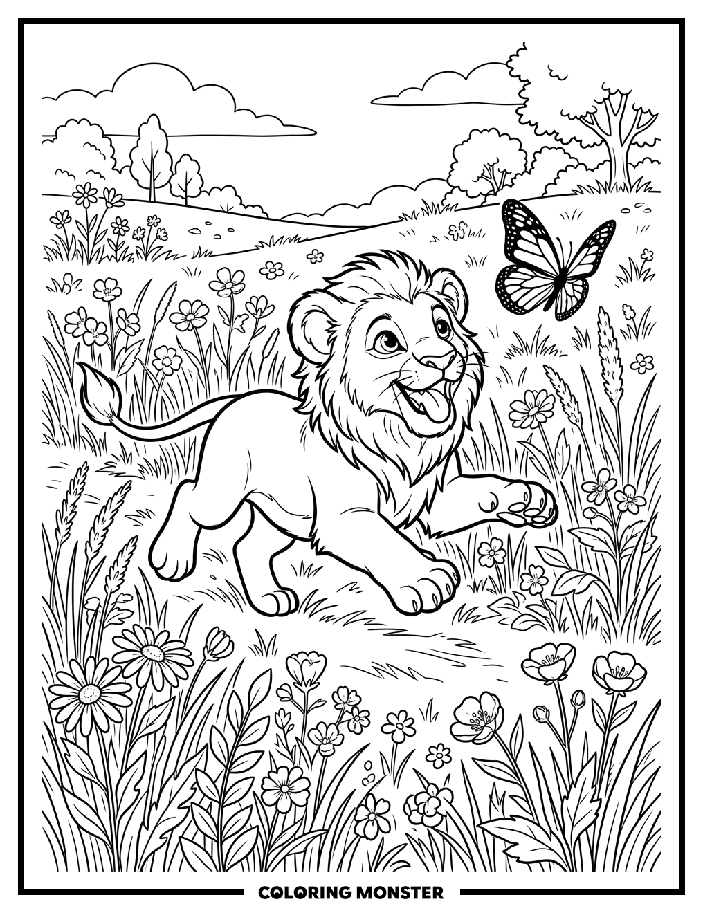 Lion Cub Chasing Butterfly Coloring Page