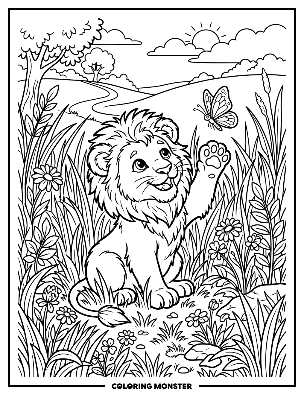 Lion Cub Chasing Butterfly Coloring Page