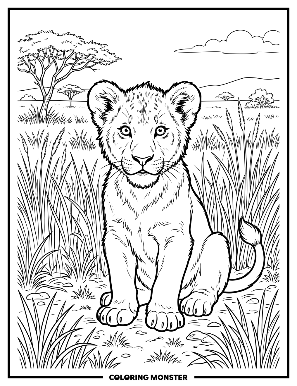 Lion Cub in Savanna Grass Coloring Page